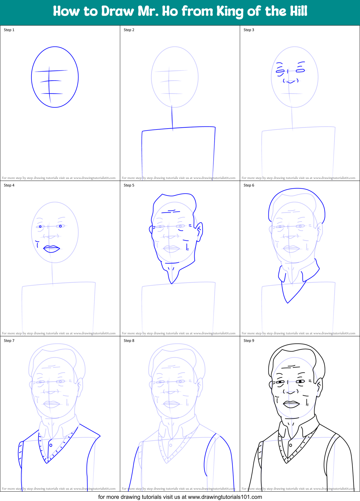How to Draw Mr. Ho from King of the Hill Printable Step by Step
