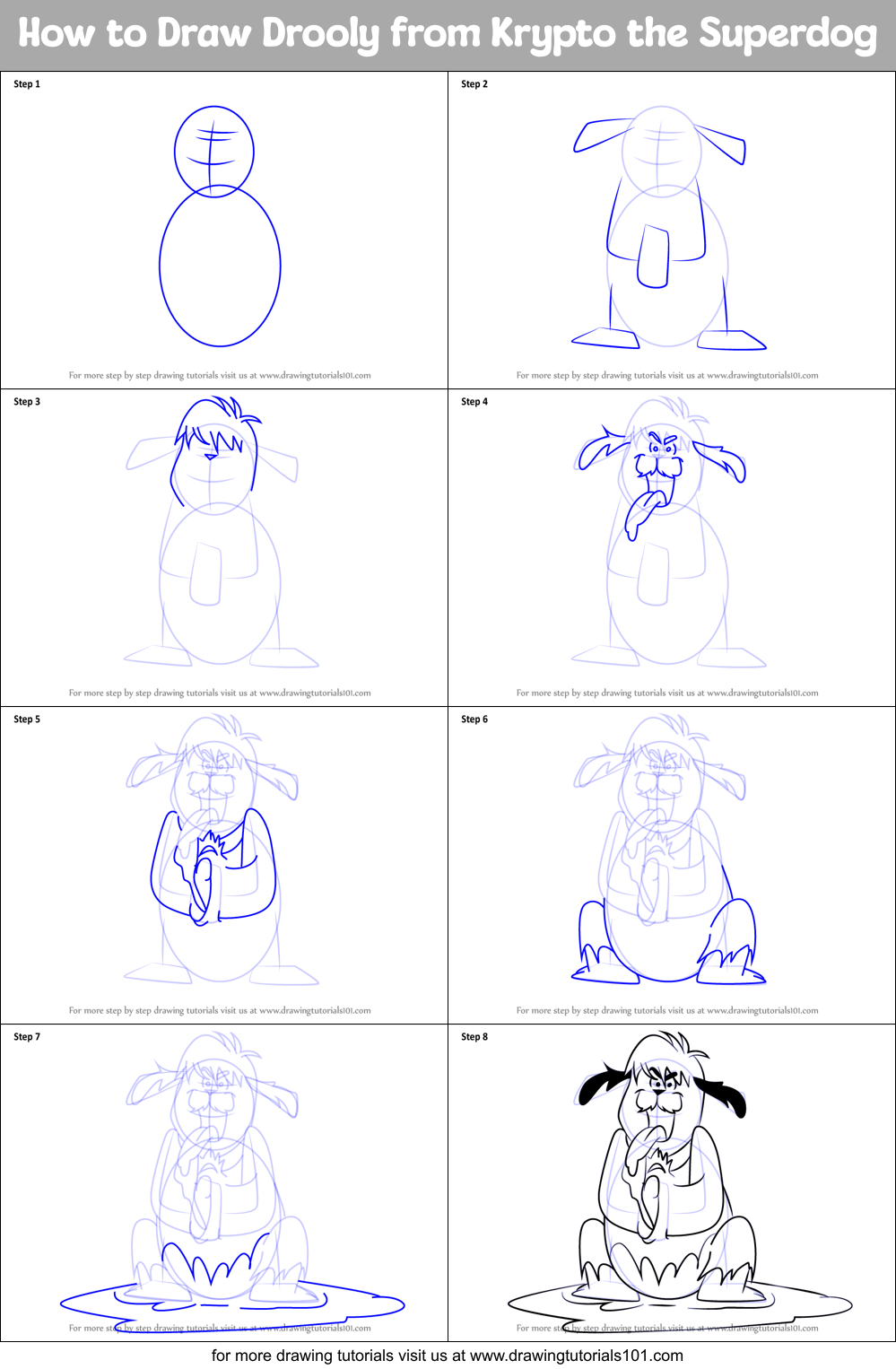 How to Draw Drooly from Krypto the Superdog Printable Step by Step