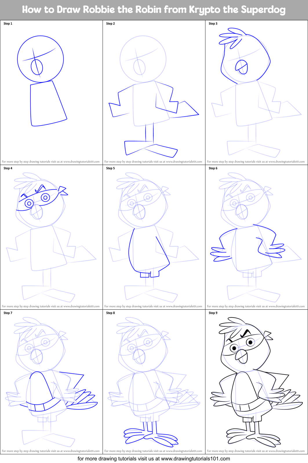 How to Draw Robbie the Robin from Krypto the Superdog Printable Step by Step
