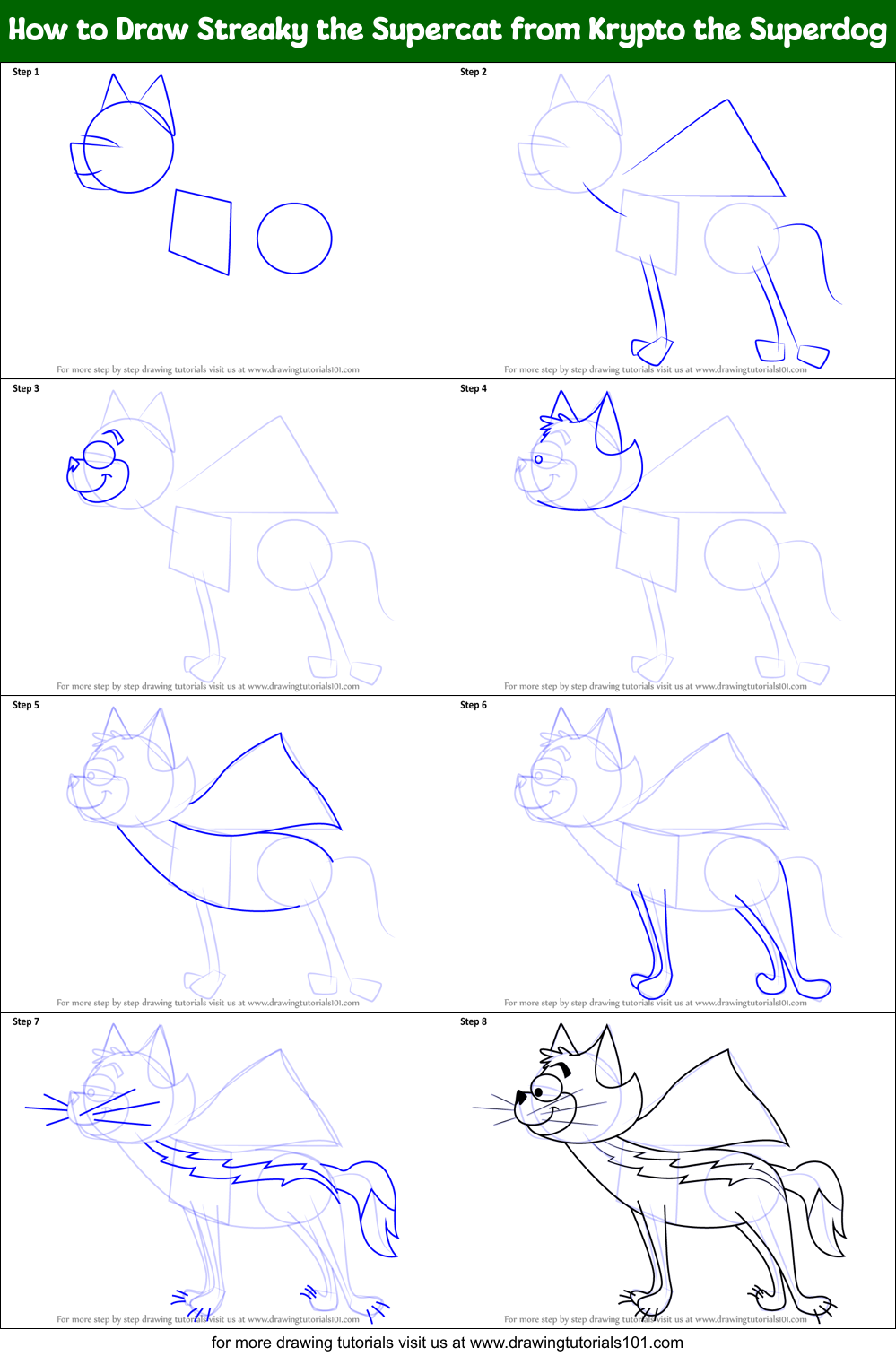 How to Draw Streaky the Supercat from Krypto the Superdog Printable Step by Step