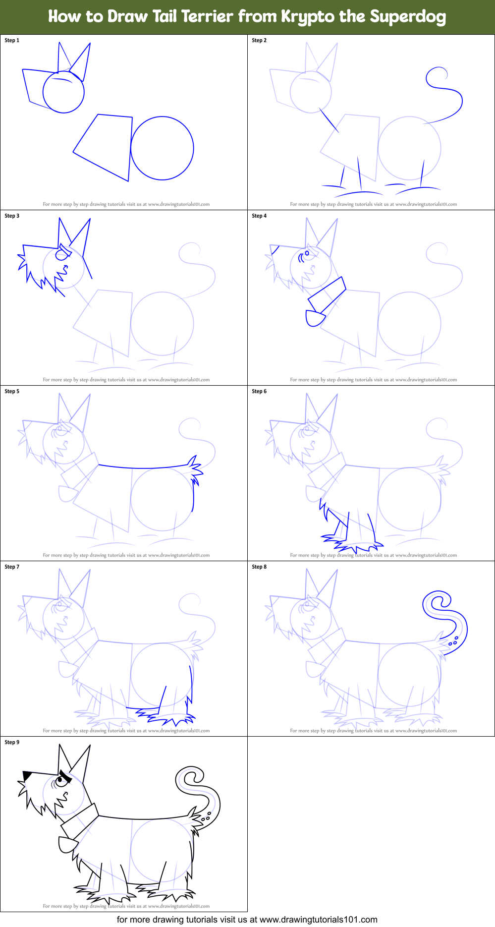 How to Draw Tail Terrier from Krypto the Superdog Printable Step by Step