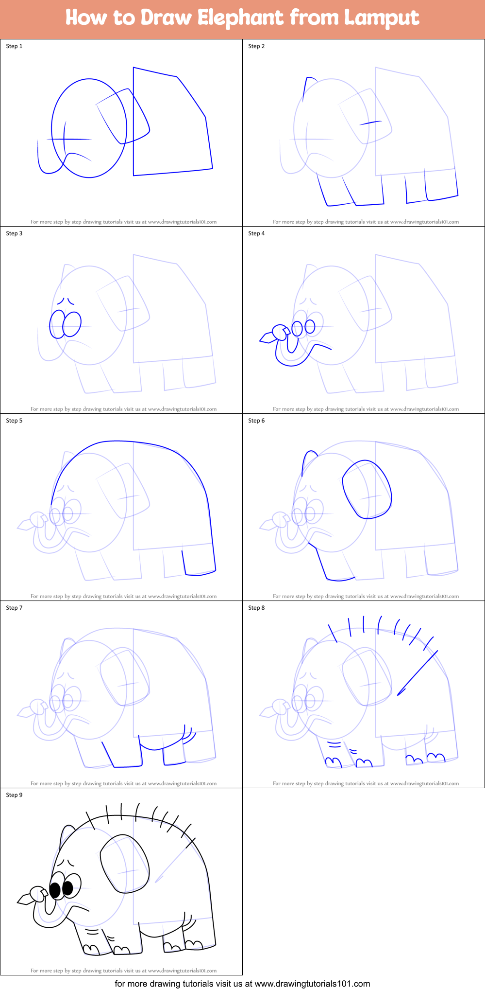 How to Draw Elephant from Lamput Printable Step by Step