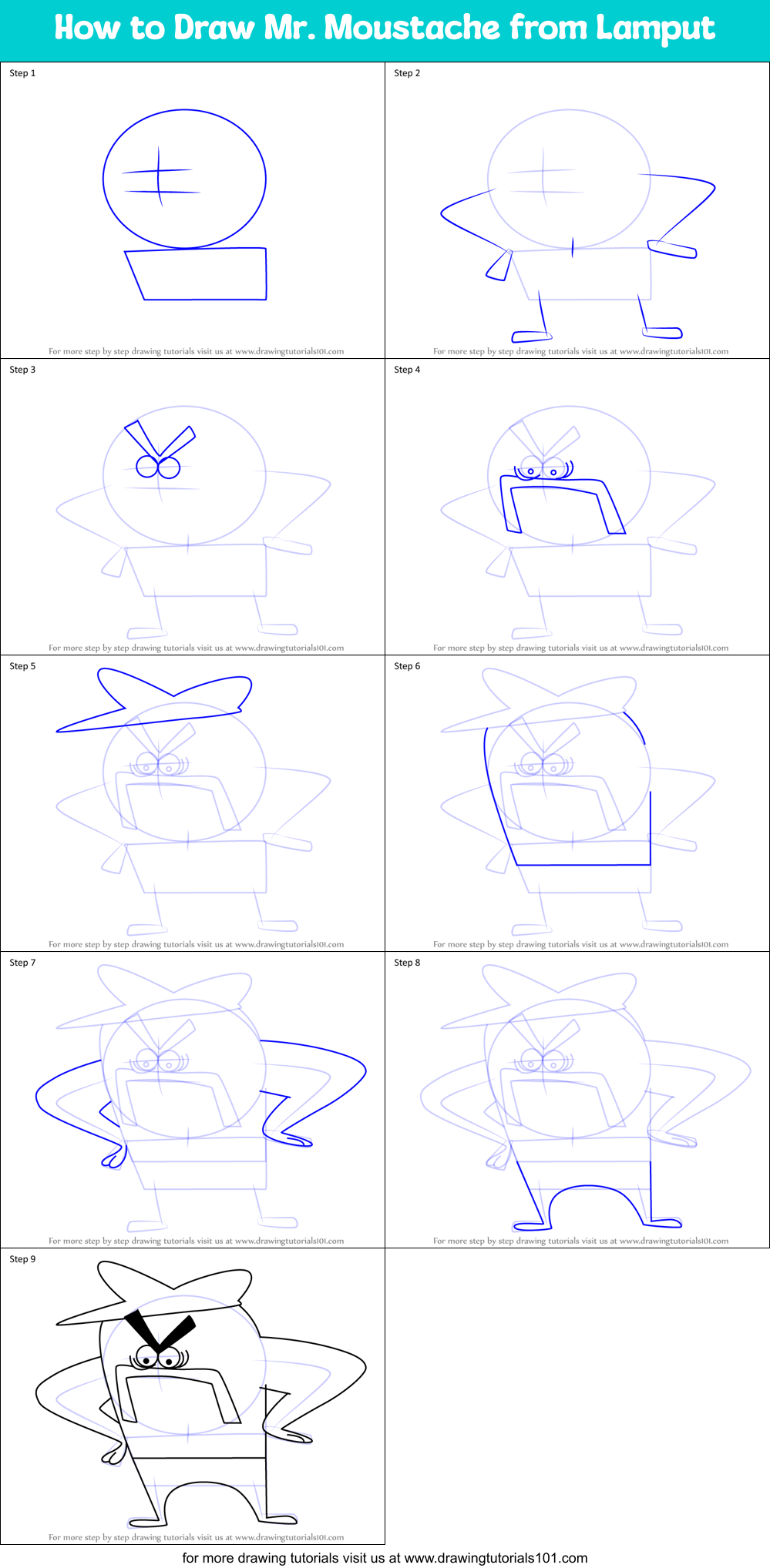 How to Draw Mr. Moustache from Lamput Printable Step by Step