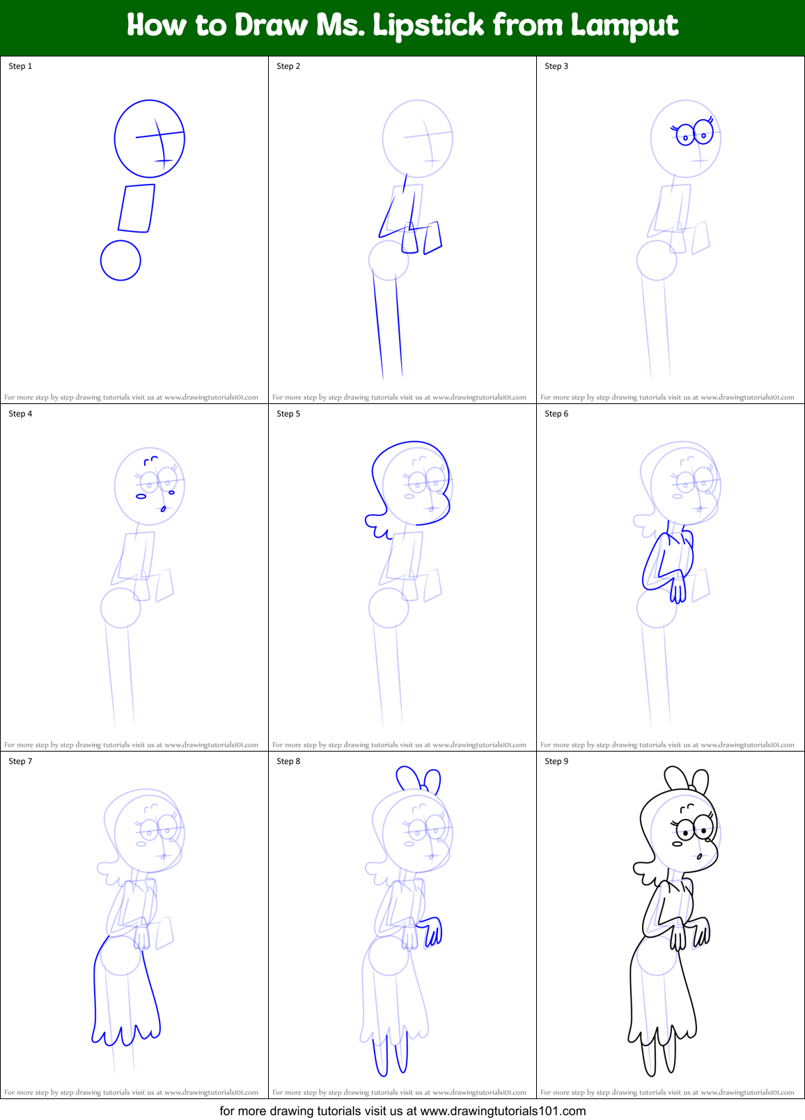How to Draw Ms. Lipstick from Lamput Printable Step by Step