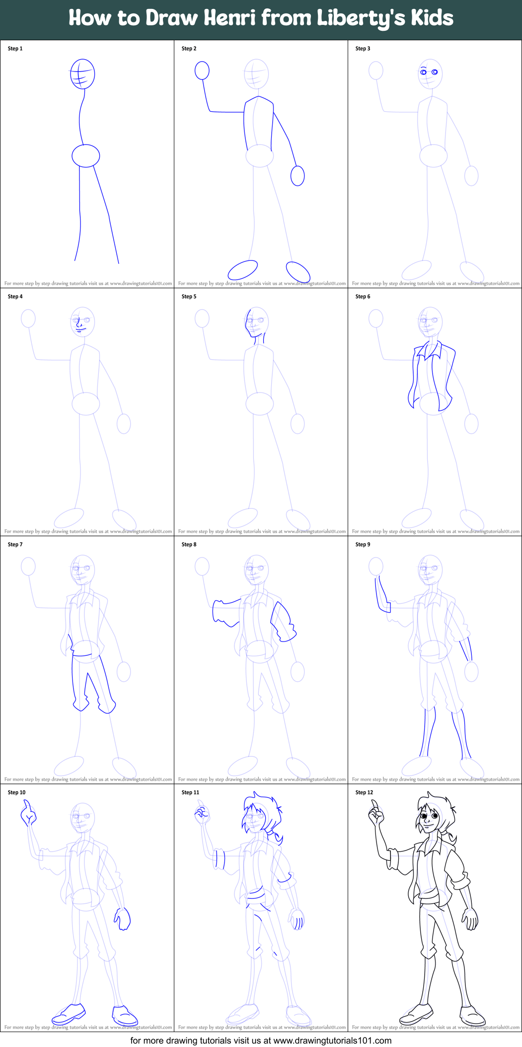 How to Draw Henri from Liberty's Kids Printable Step by Step