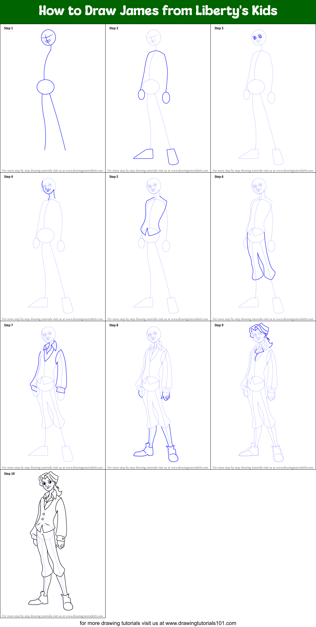 How to Draw James from Liberty's Kids Printable Step by Step