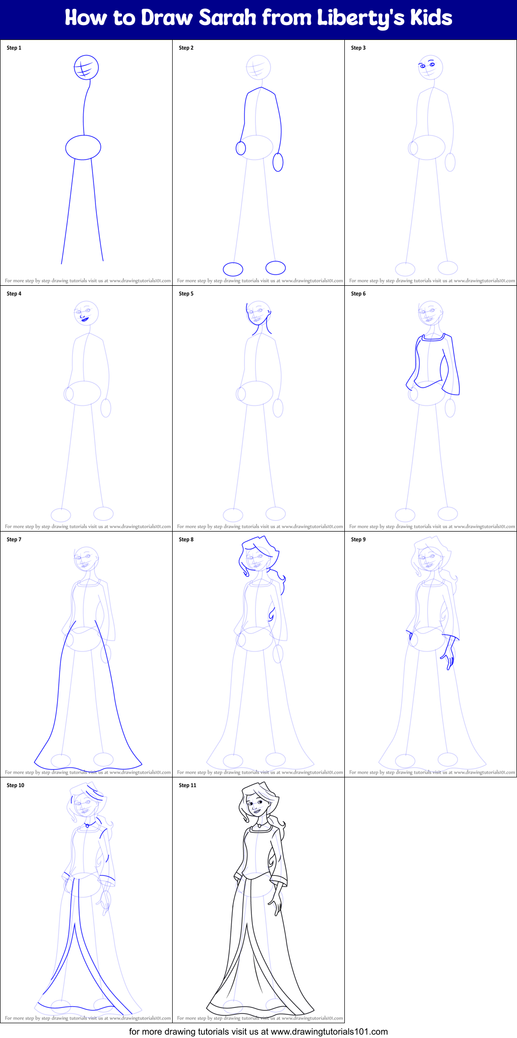 How to Draw Sarah from Liberty's Kids Printable Step by Step