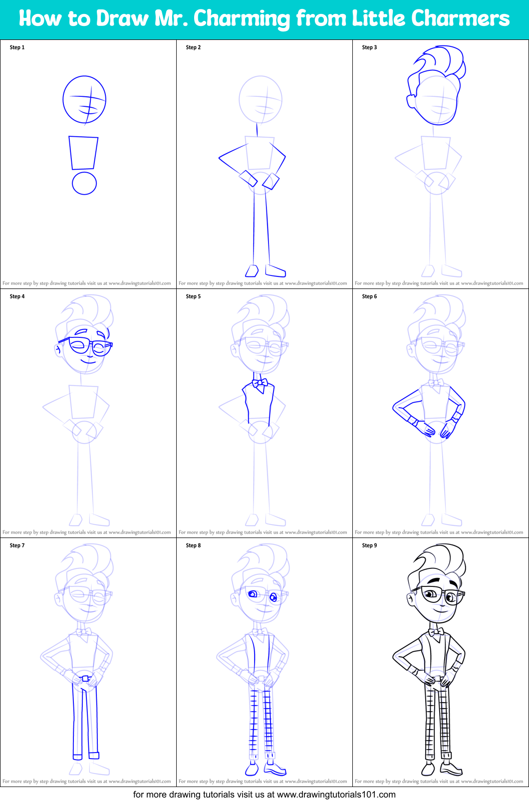 How to Draw Mr. Charming from Little Charmers Printable Step by Step