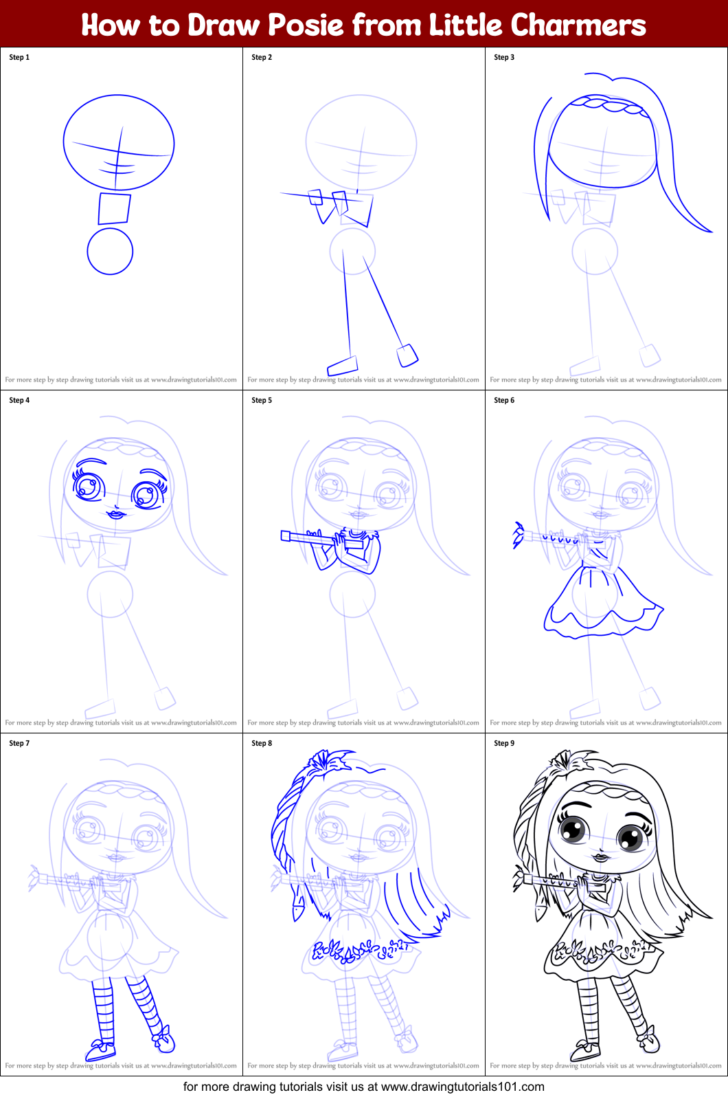 How to Draw Posie from Little Charmers Printable Step by Step