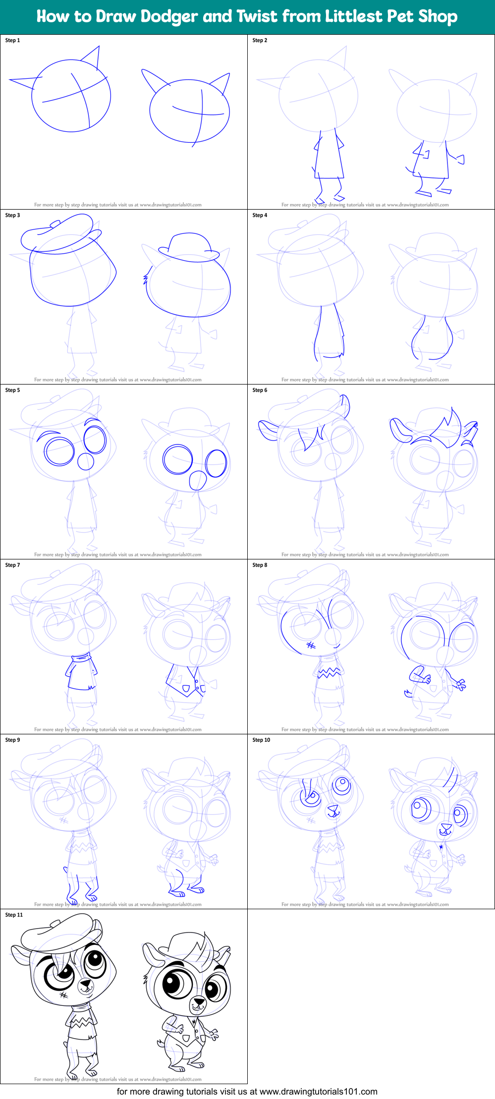 How to Draw Dodger and Twist from Littlest Pet Shop Printable Step by Step