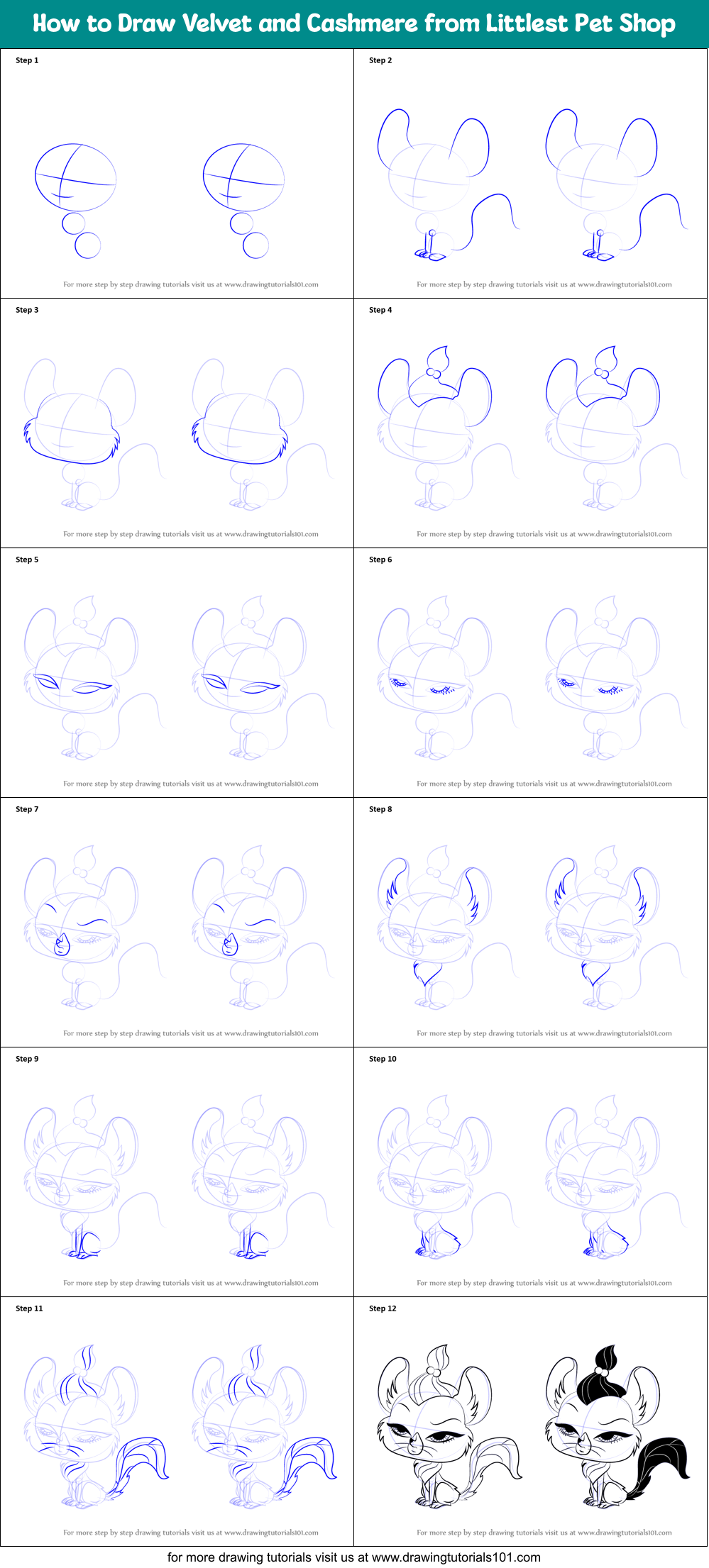 How to Draw Velvet and Cashmere from Littlest Pet Shop Printable Step by Step