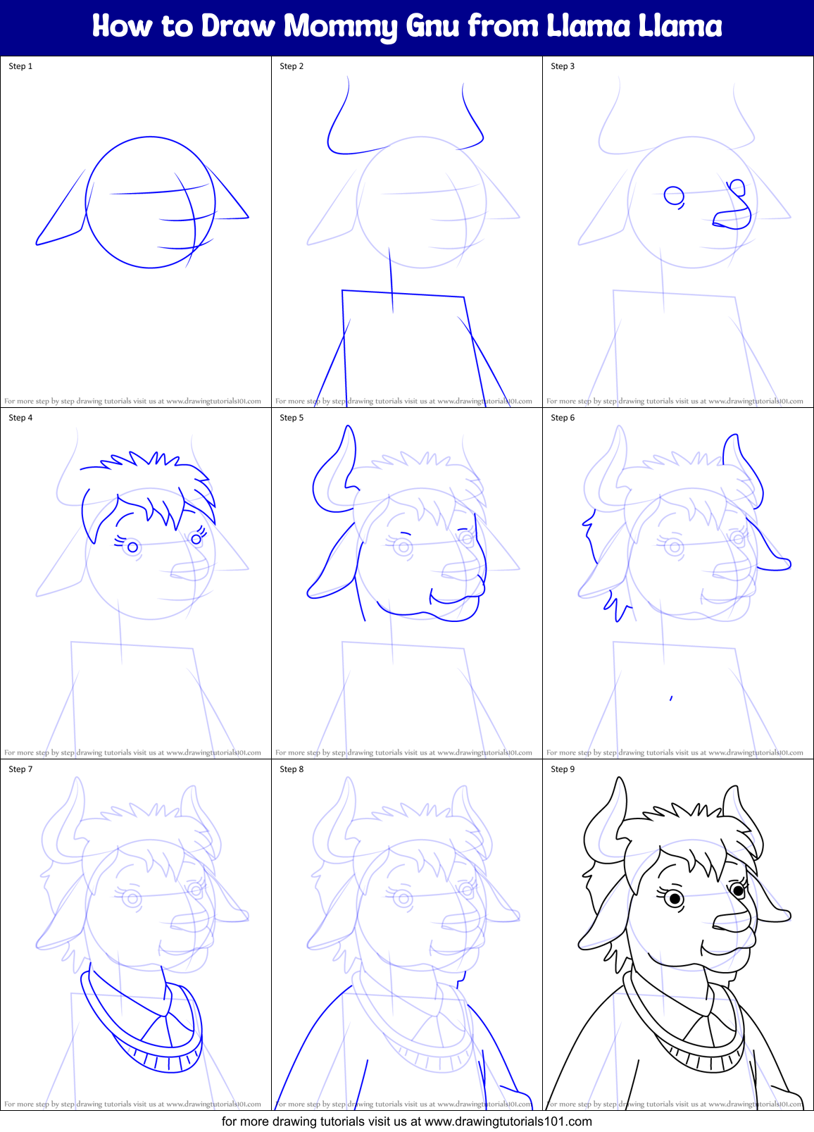 How to Draw Mommy Gnu from Llama Llama Printable Step by Step