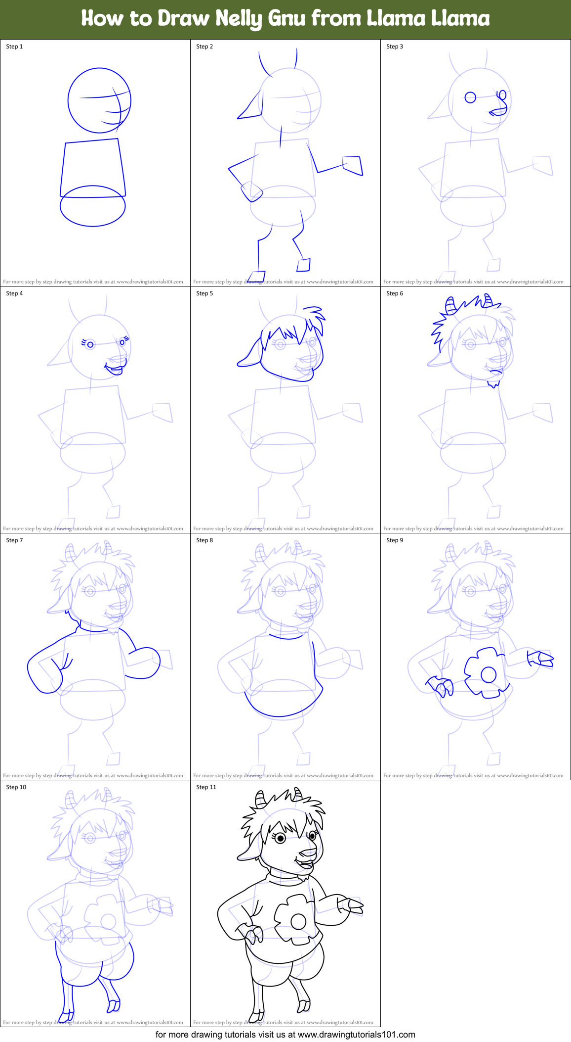 How to Draw Nelly Gnu from Llama Llama Printable Step by Step