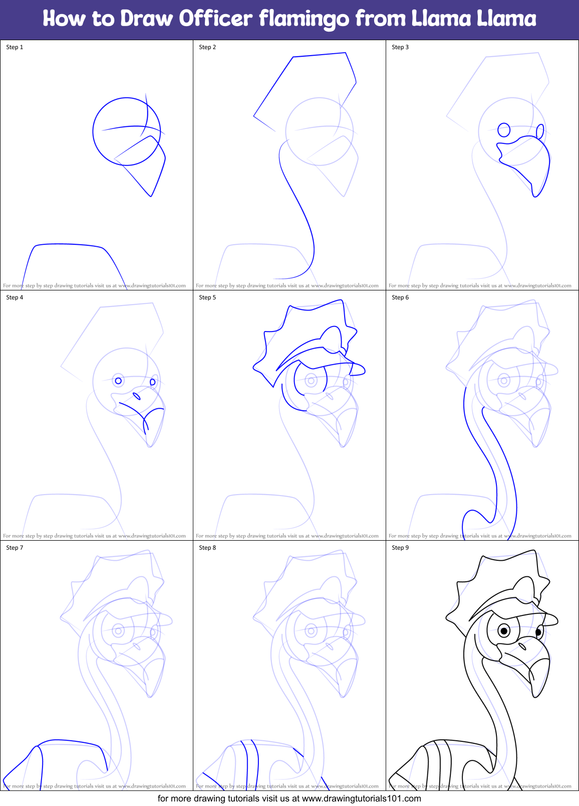 How to Draw Officer flamingo from Llama Llama Printable Step by Step