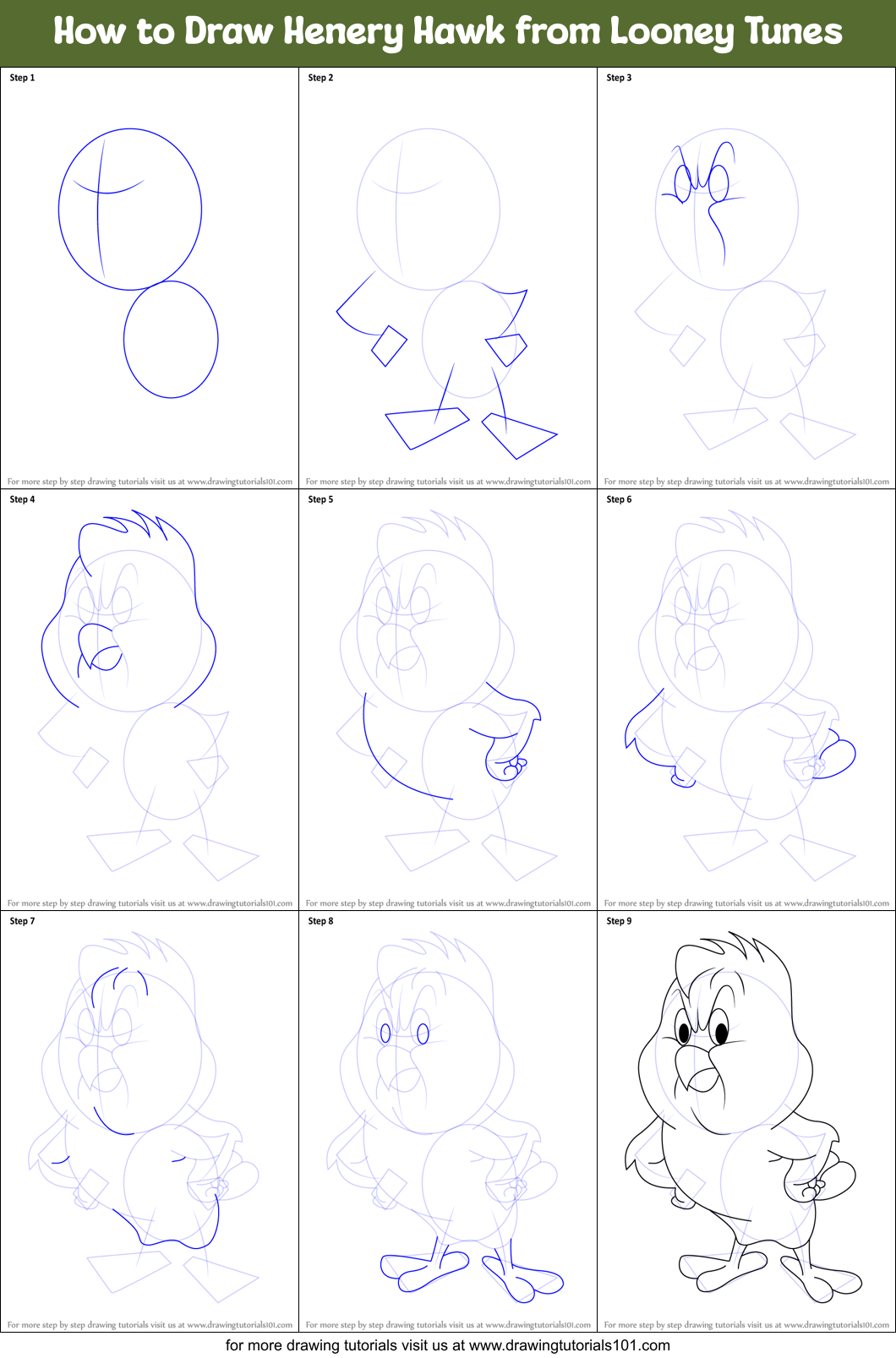 How to Draw Henery Hawk from Looney Tunes Printable Step by Step