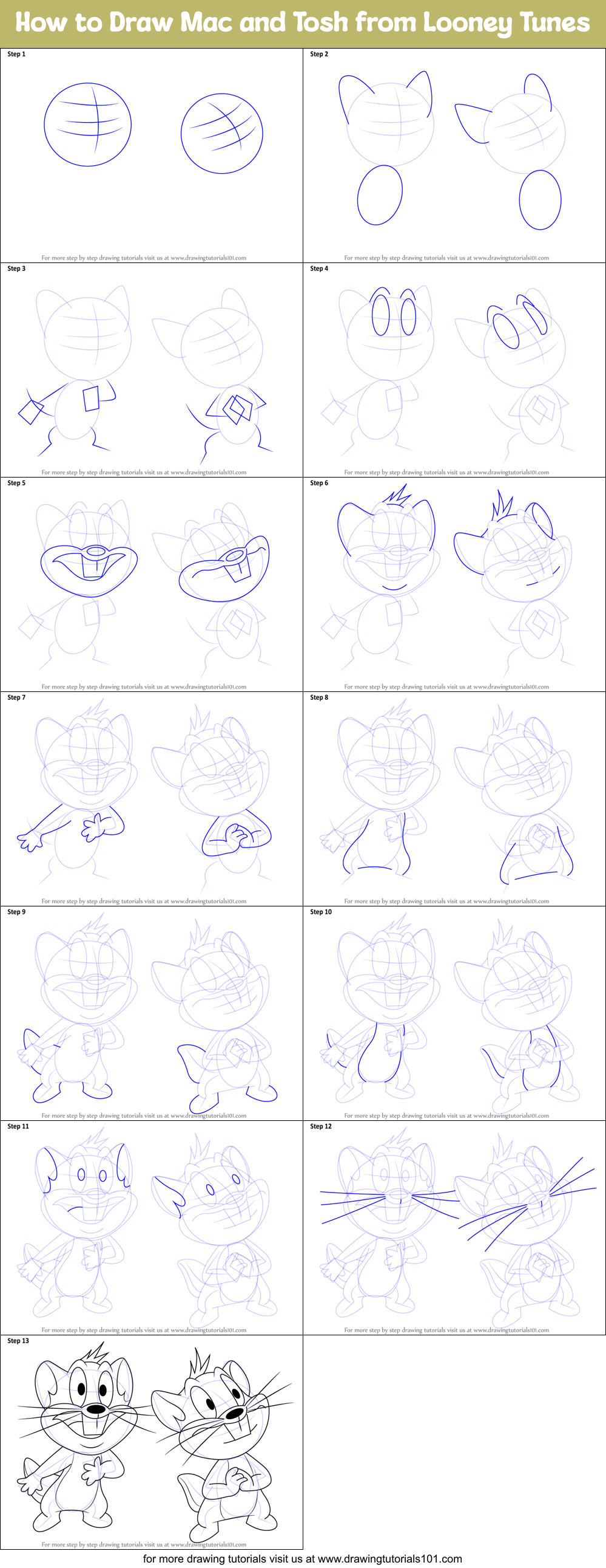 How to Draw Mac and Tosh from Looney Tunes Printable Step by Step