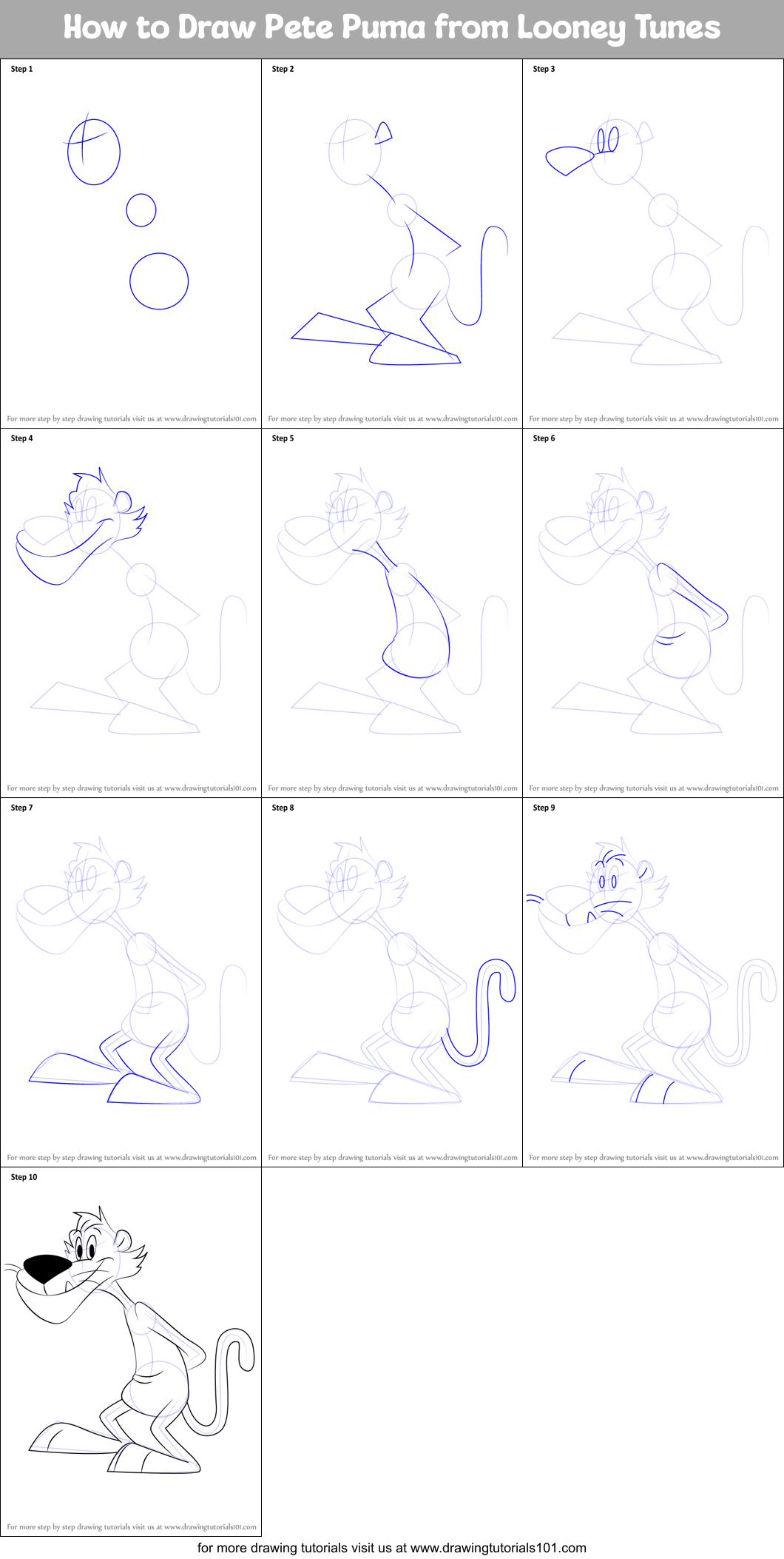 How to Draw Pete Puma from Looney Tunes Printable Step by Step