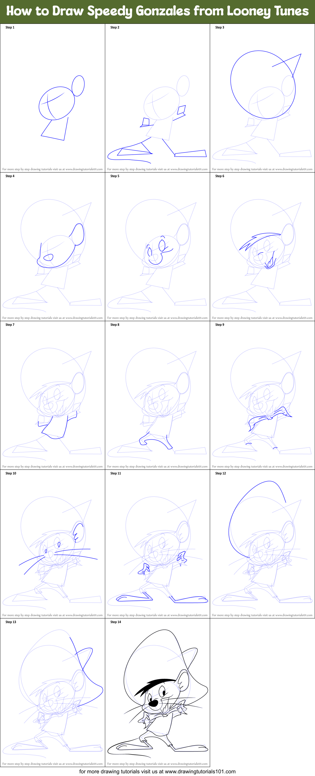 How to Draw Speedy Gonzales from Looney Tunes printable step by step