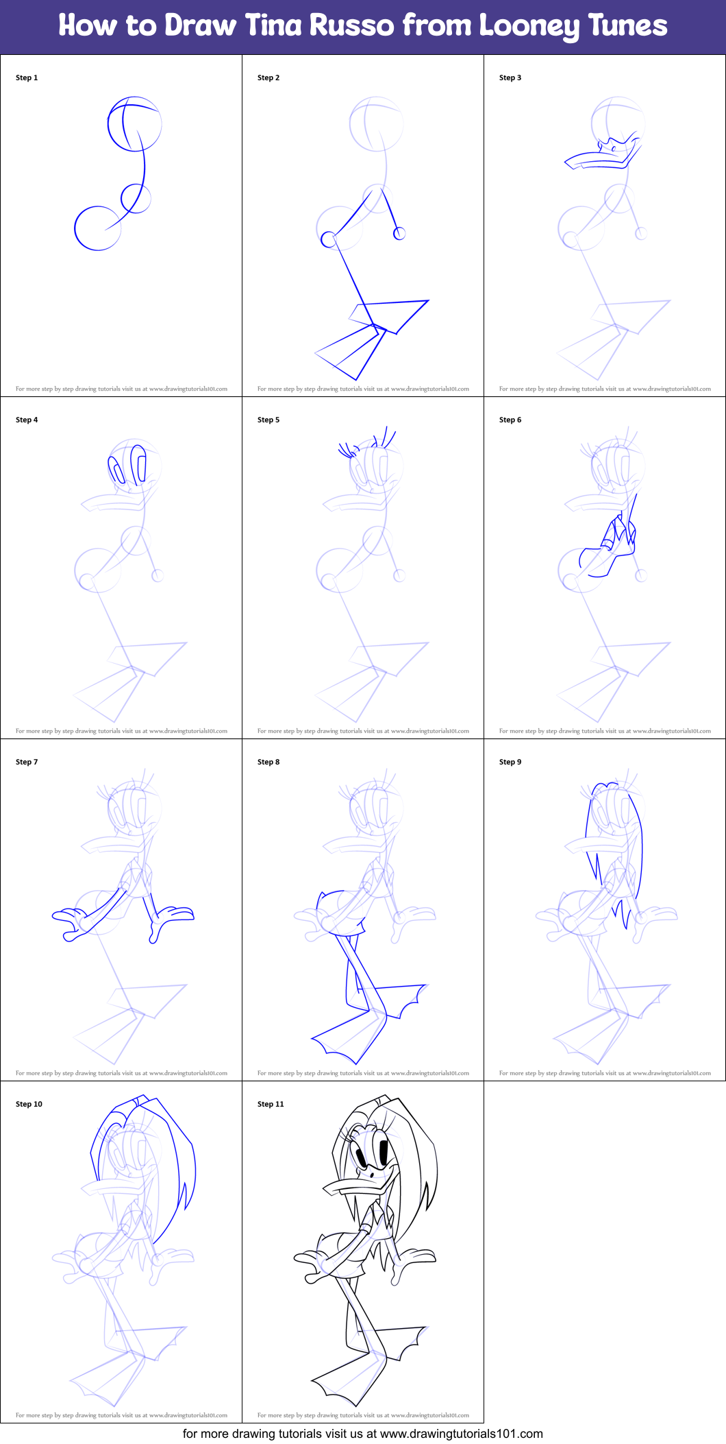 How to Draw Tina Russo from Looney Tunes Printable Step by Step
