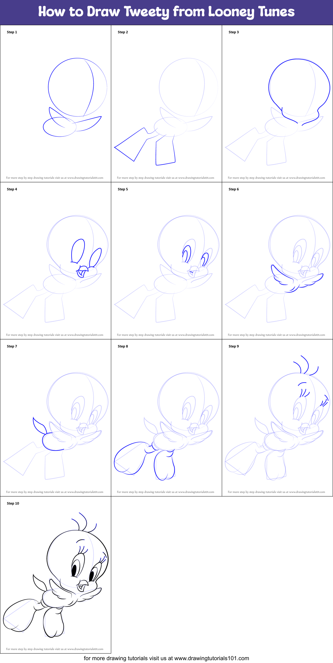 How to Draw Tweety from Looney Tunes Printable Step by Step
