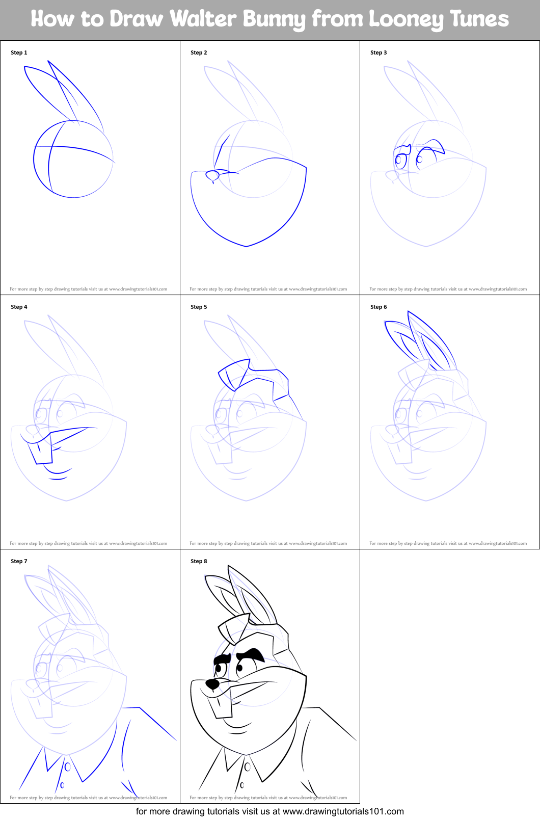 How to Draw Walter Bunny from Looney Tunes Printable Step by Step
