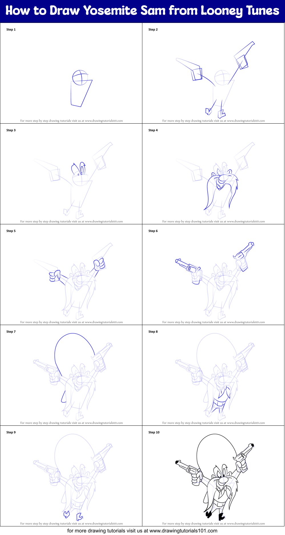 How to Draw Yosemite Sam from Looney Tunes Printable Step by Step