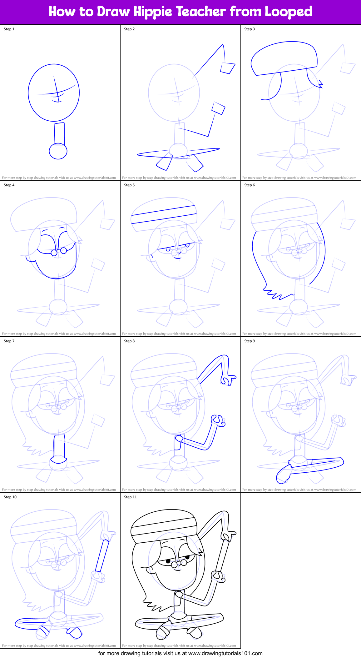 How to Draw Hippie Teacher from Looped Printable Step by Step