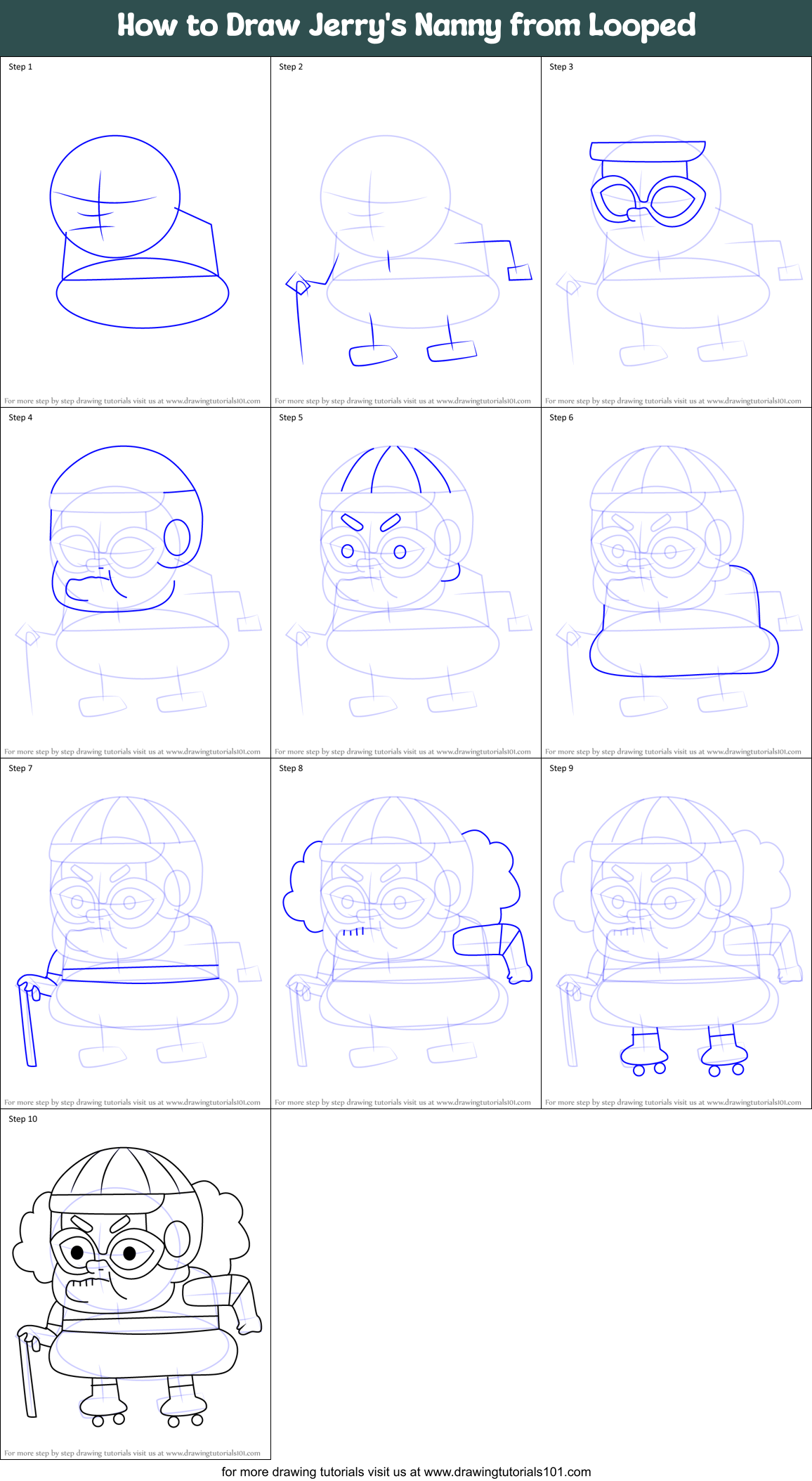 How to Draw Jerry's Nanny from Looped Printable Step by Step