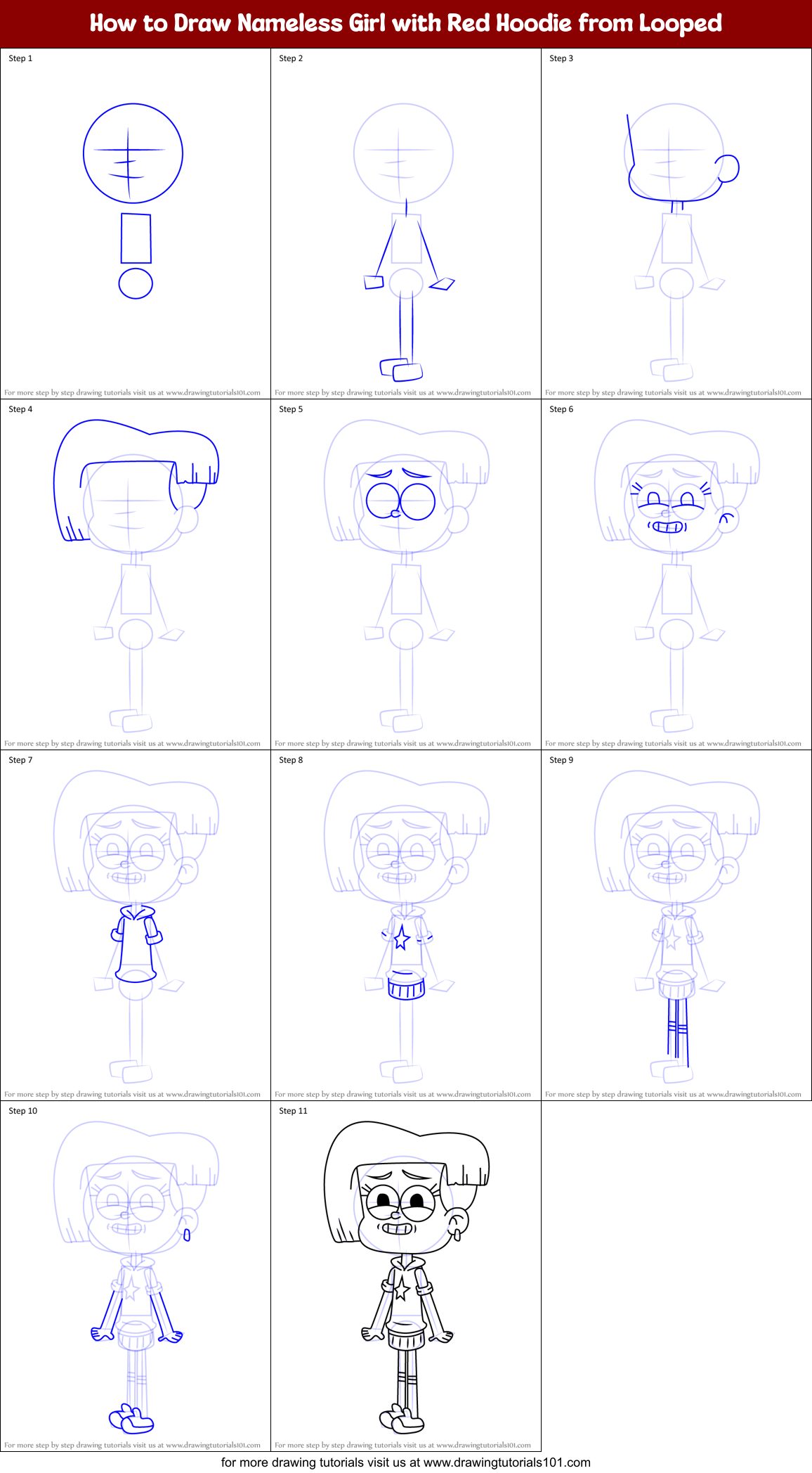 How to Draw Nameless Girl with Red Hoodie from Looped Printable Step by Step