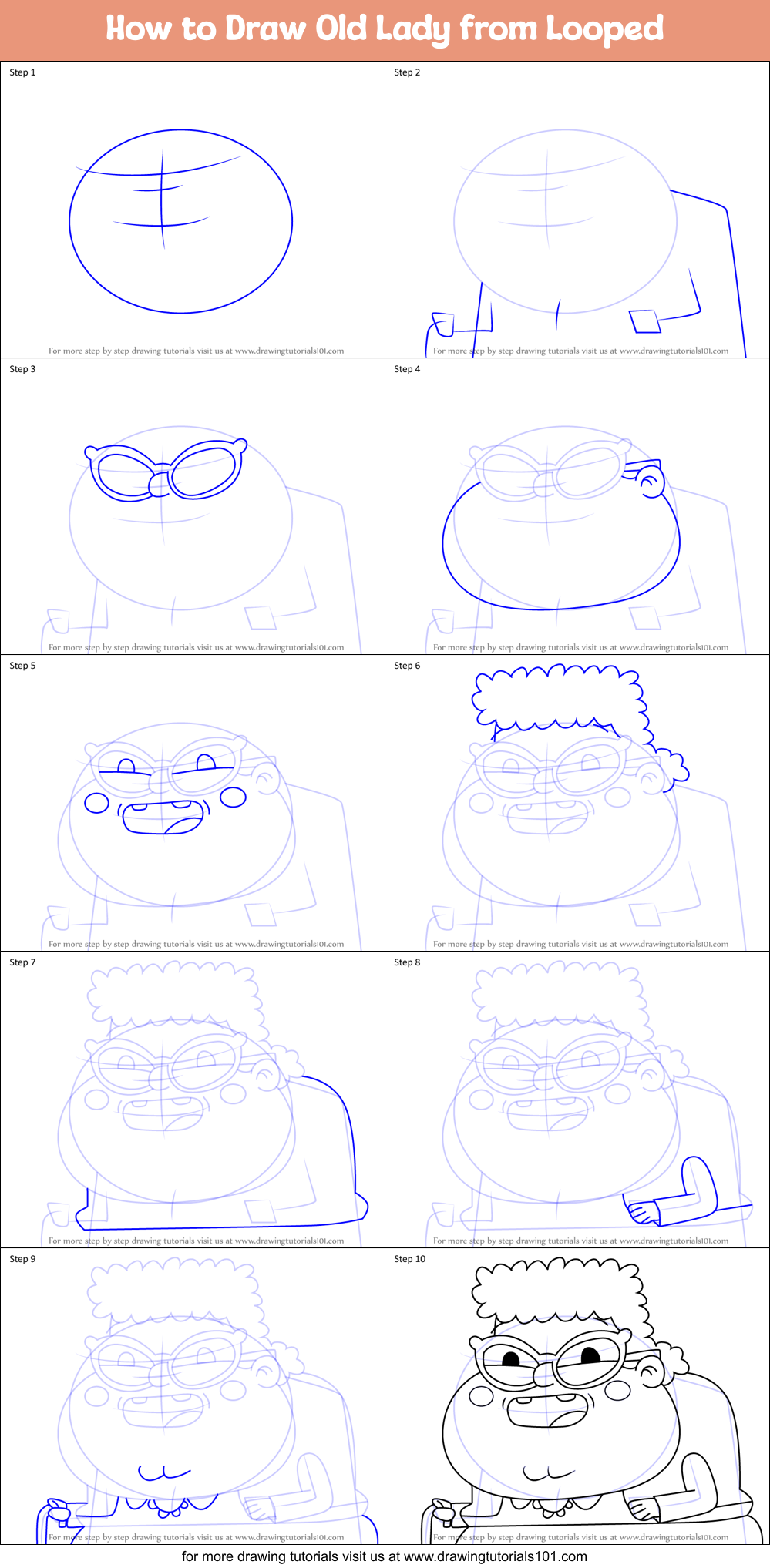 How to Draw Old Lady from Looped Printable Step by Step