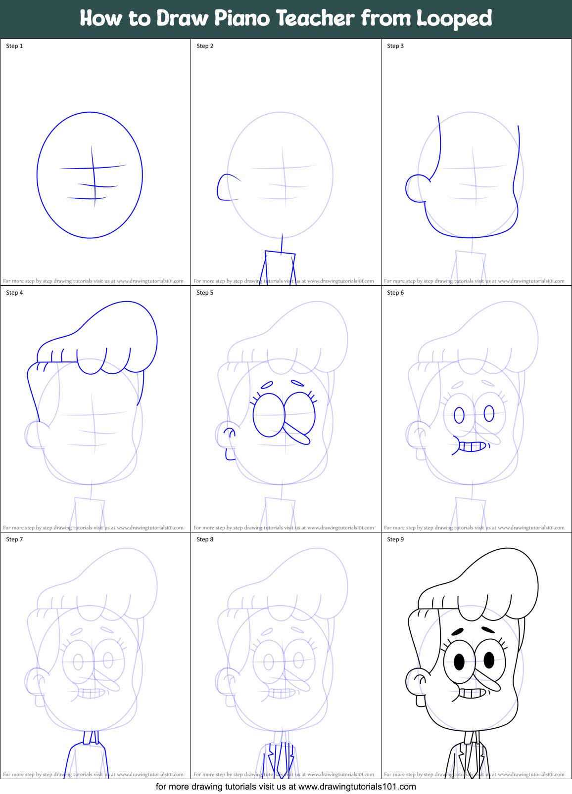 How to Draw Piano Teacher from Looped Printable Step by Step