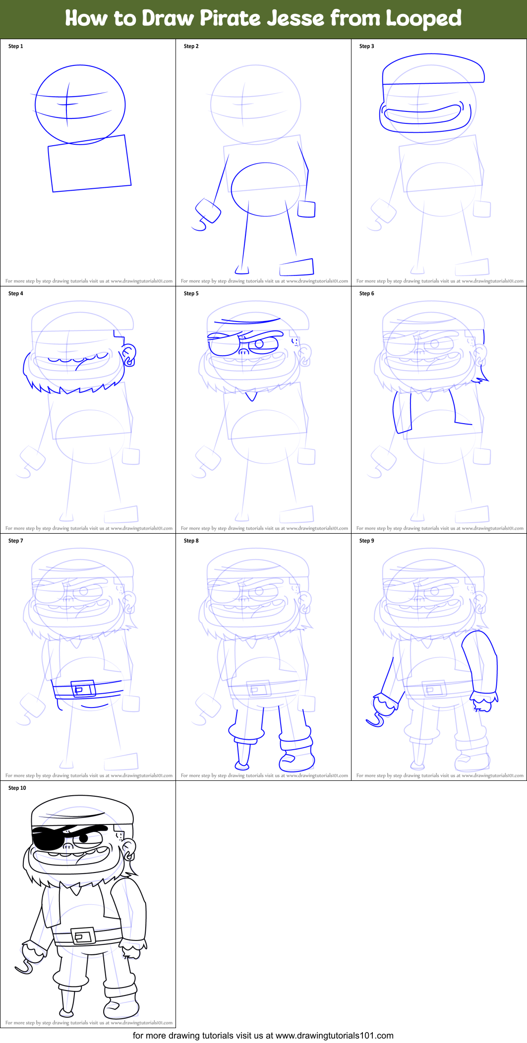 How to Draw Pirate Jesse from Looped Printable Step by Step