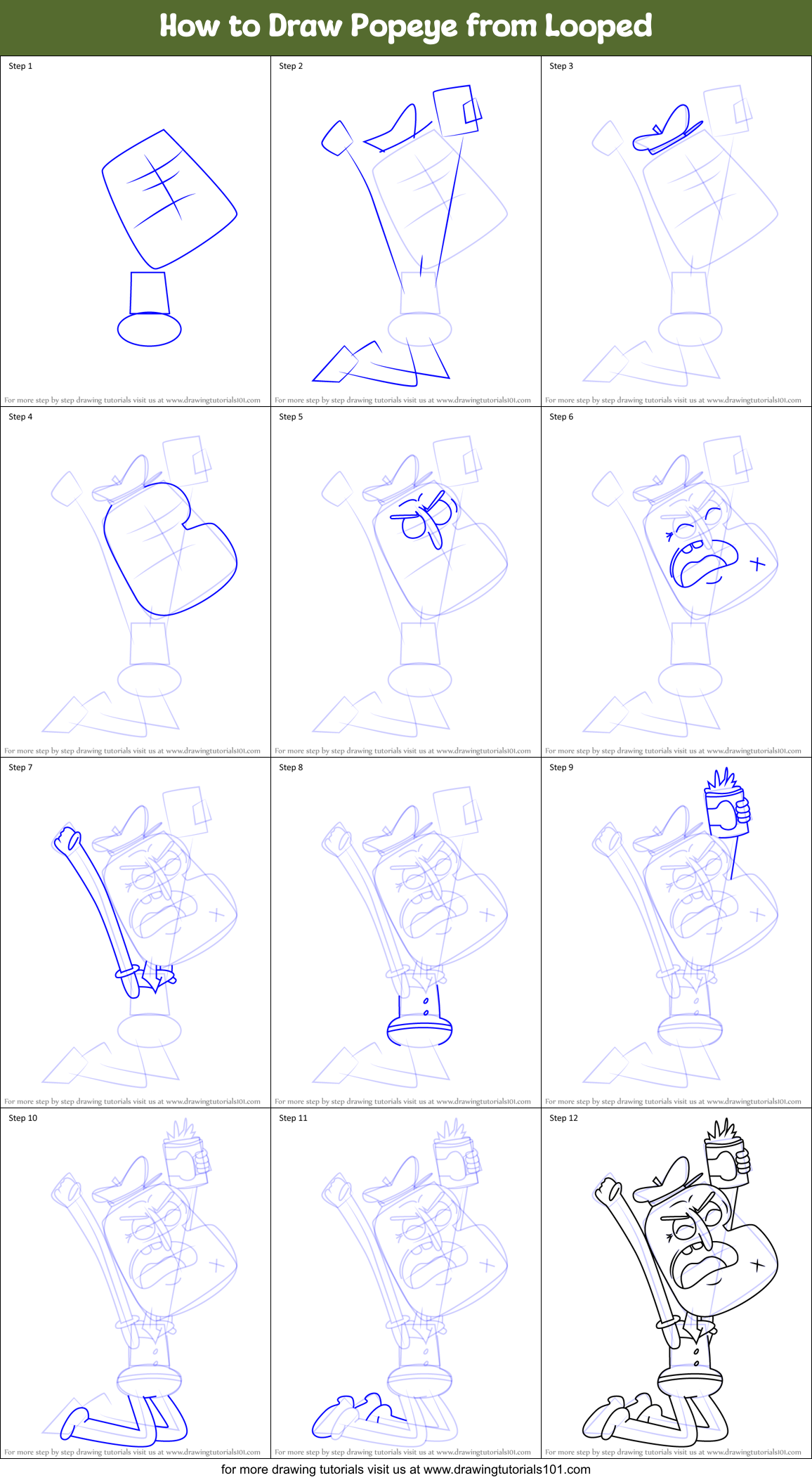 How to Draw Popeye from Looped Printable Step by Step