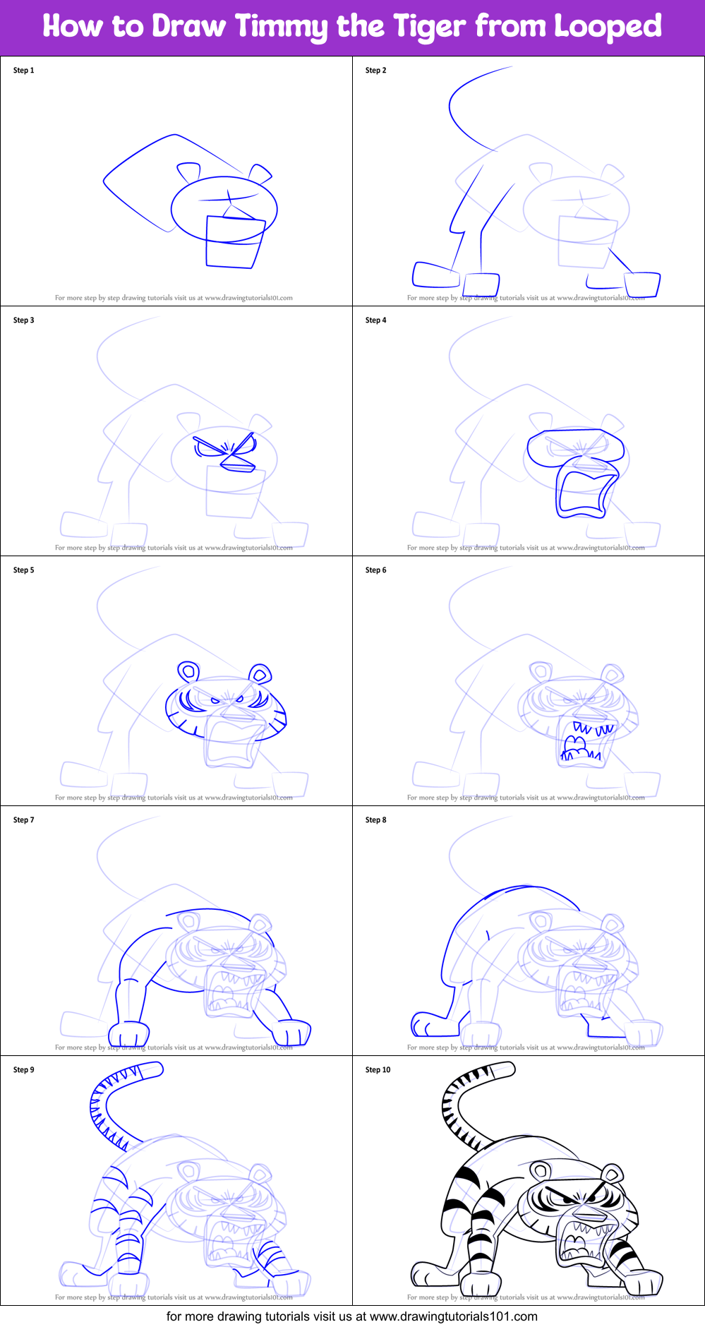 How to Draw Timmy the Tiger from Looped Printable Step by Step