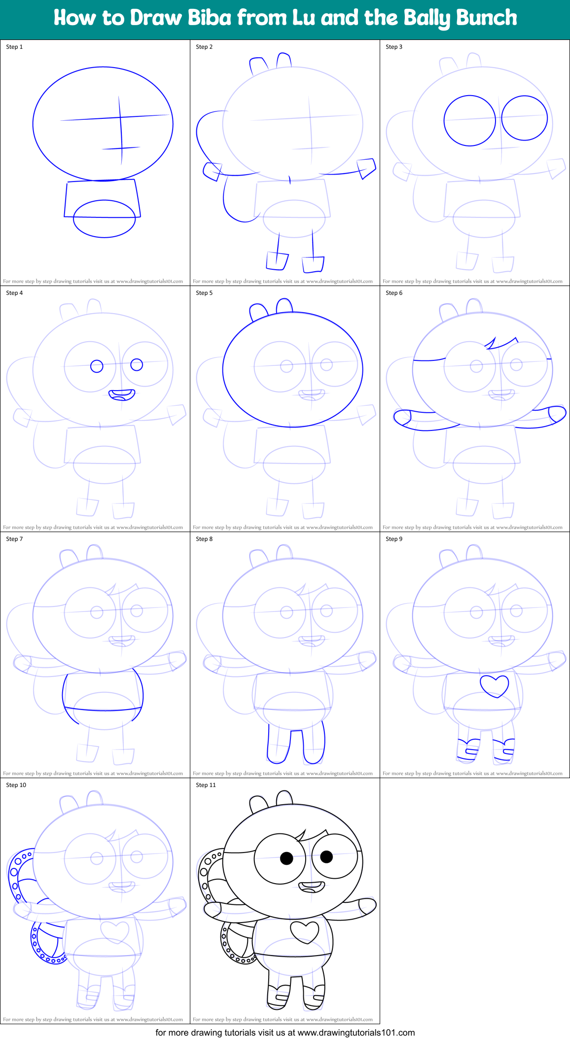 How to Draw Biba from Lu and the Bally Bunch Printable Step by Step