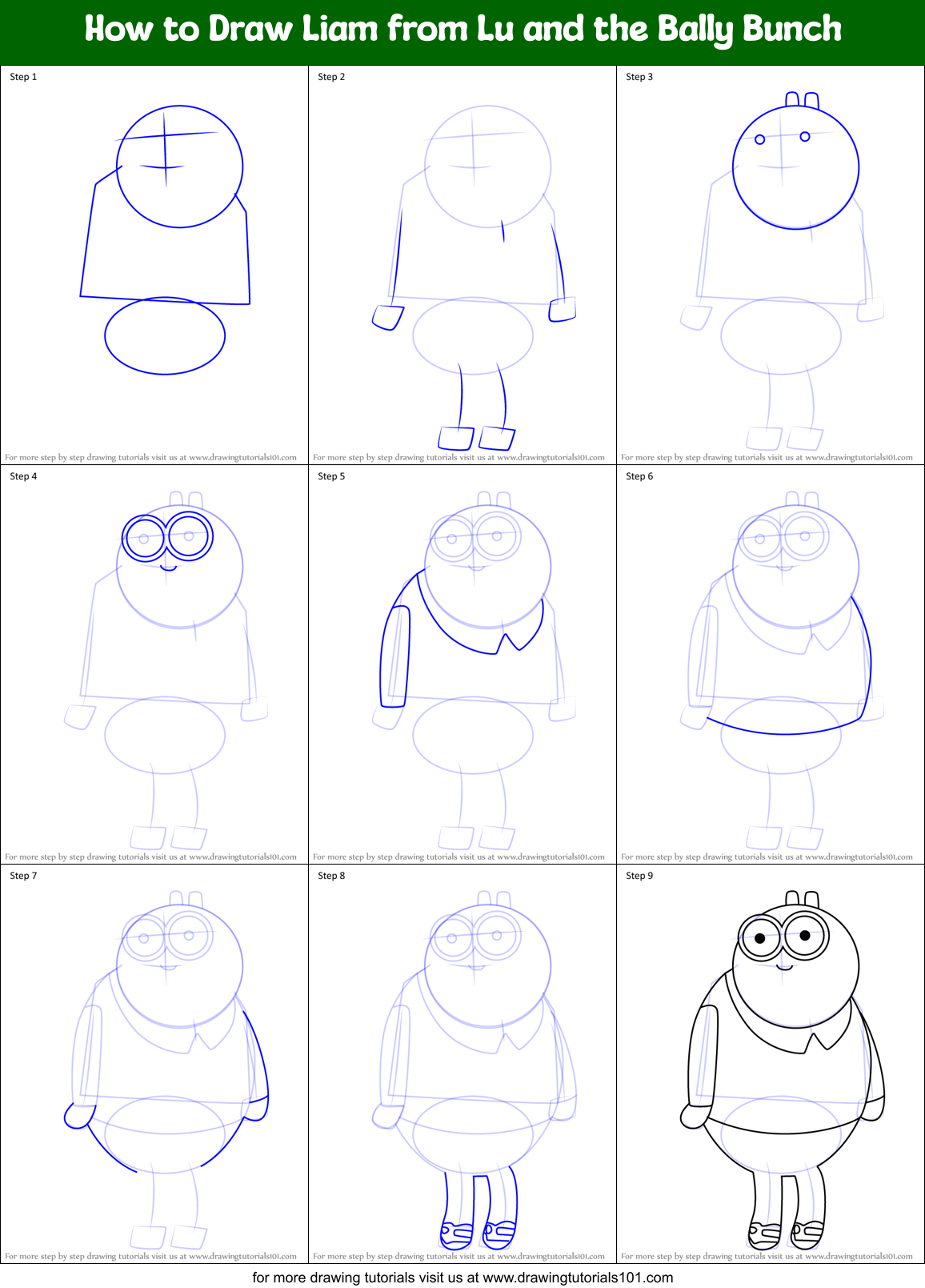 How to Draw Liam from Lu and the Bally Bunch Printable Step by Step