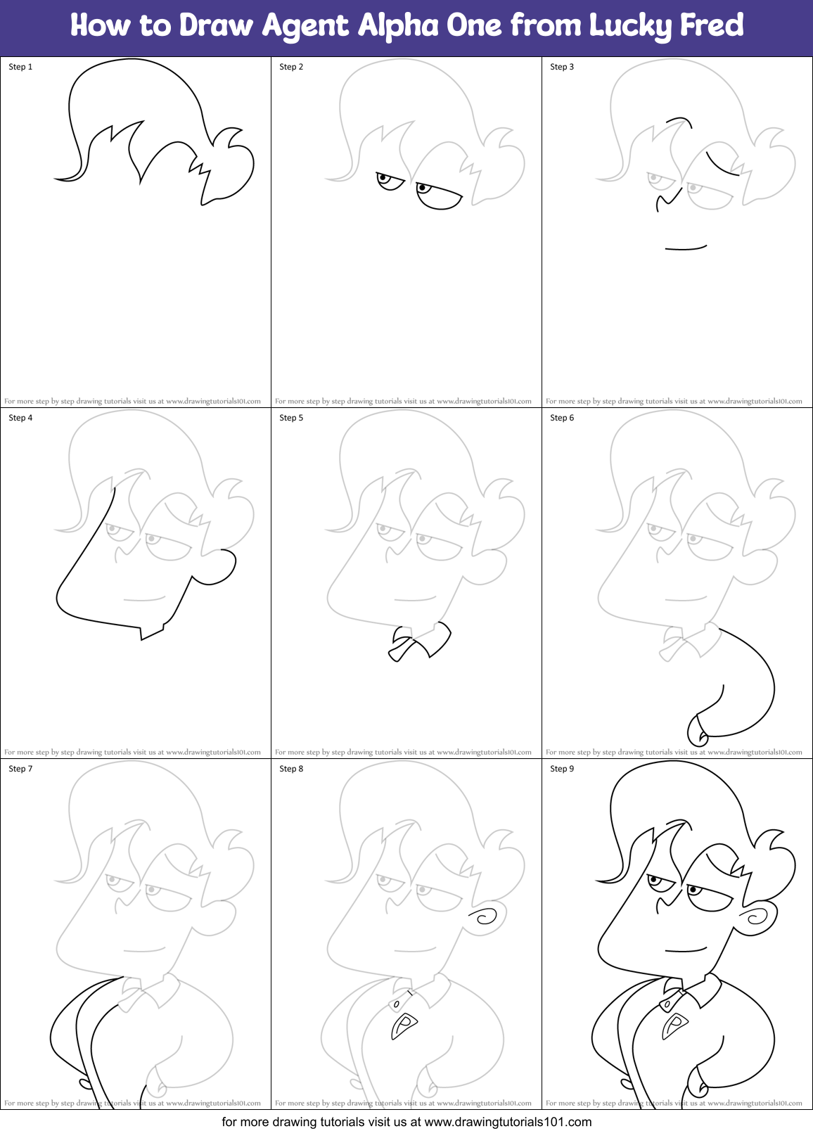 How to Draw Agent Alpha One from Lucky Fred Printable Step by Step