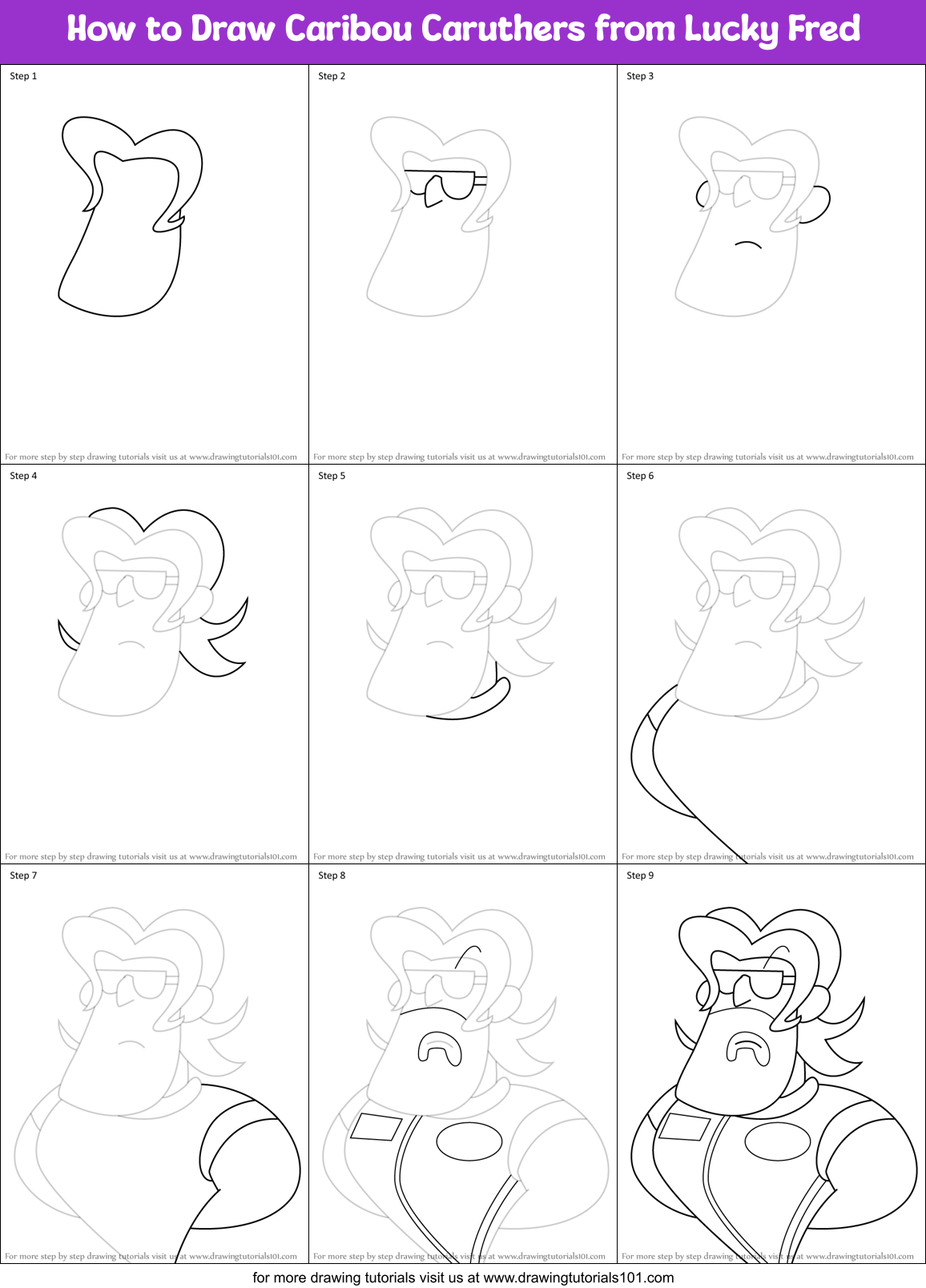 How to Draw Caribou Caruthers from Lucky Fred Printable Step by Step