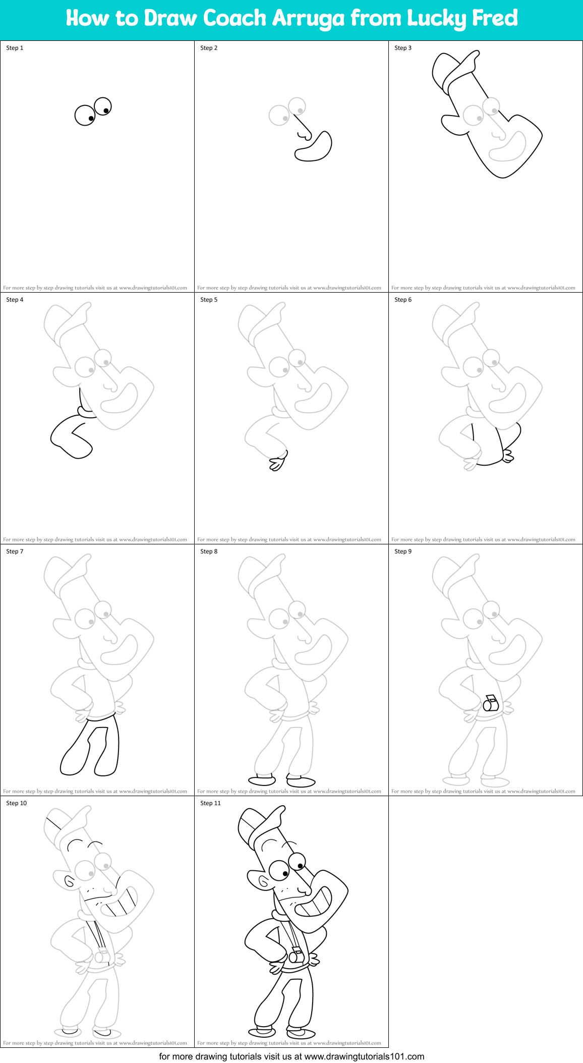 How to Draw Coach Arruga from Lucky Fred Printable Step by Step