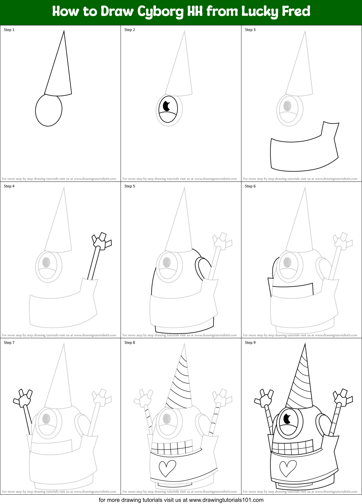 How to Draw Cyborg HH from Lucky Fred Printable Step by Step