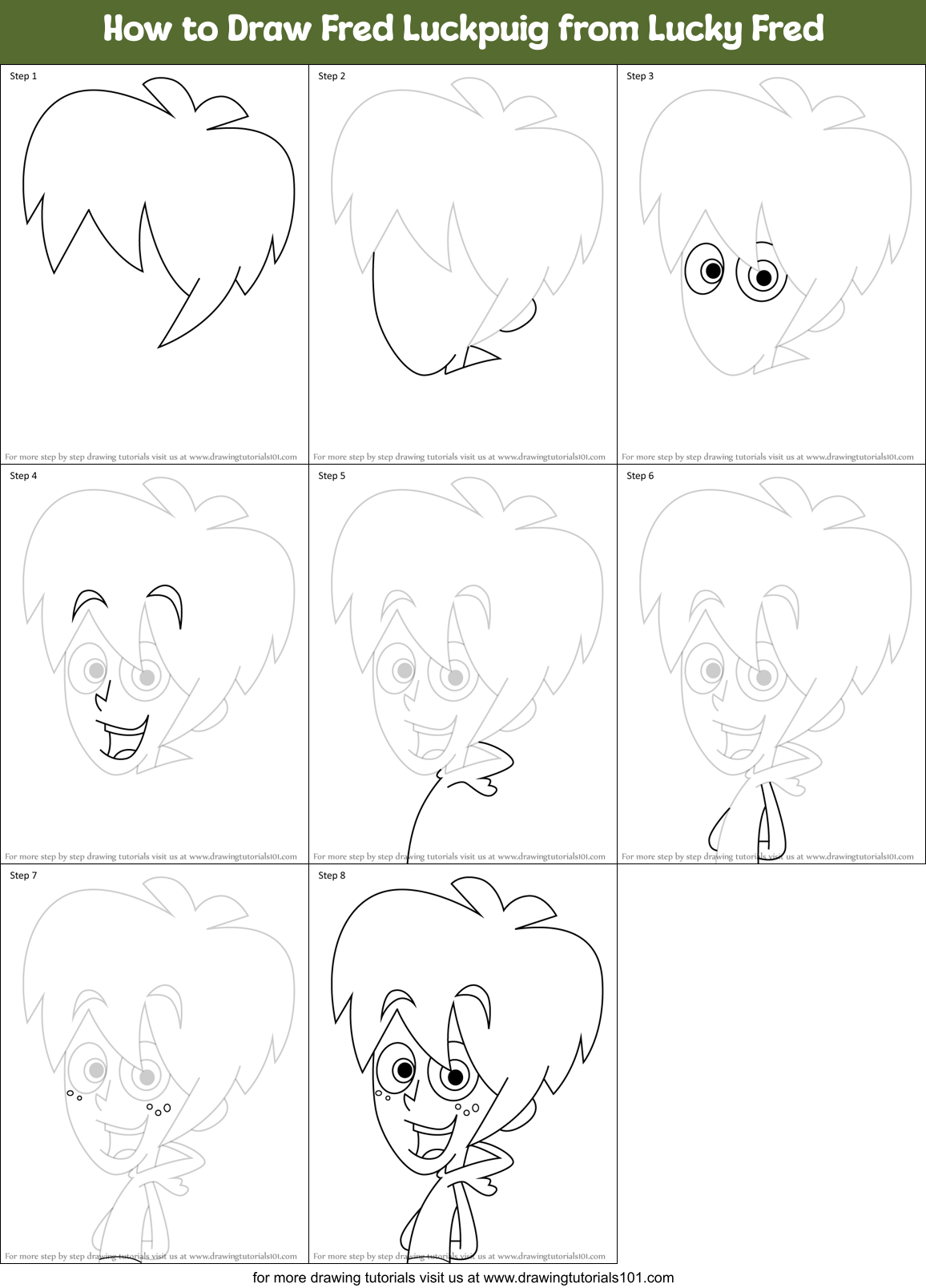 How to Draw Fred Luckpuig from Lucky Fred Printable Step by Step