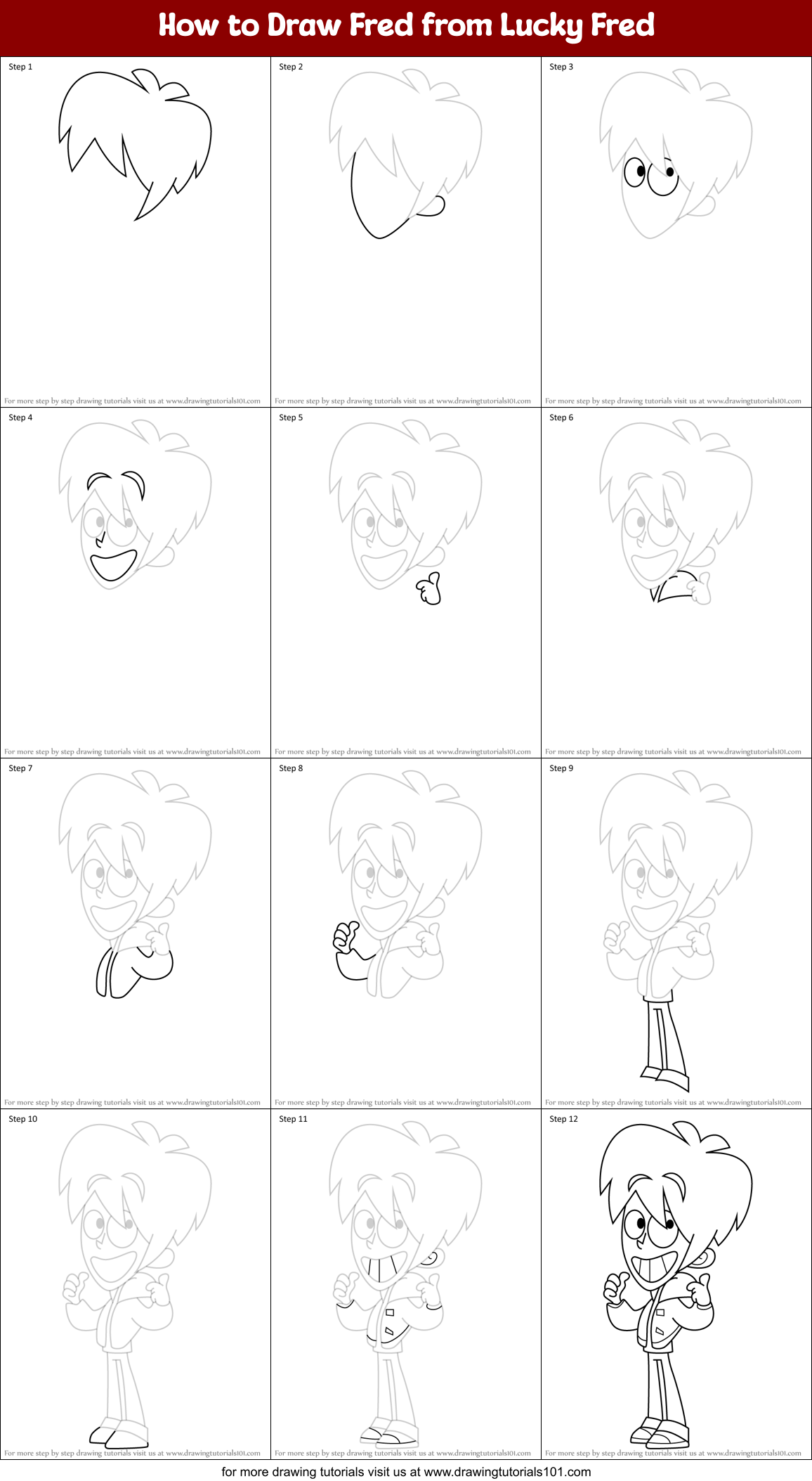 How to Draw Fred from Lucky Fred Printable Step by Step