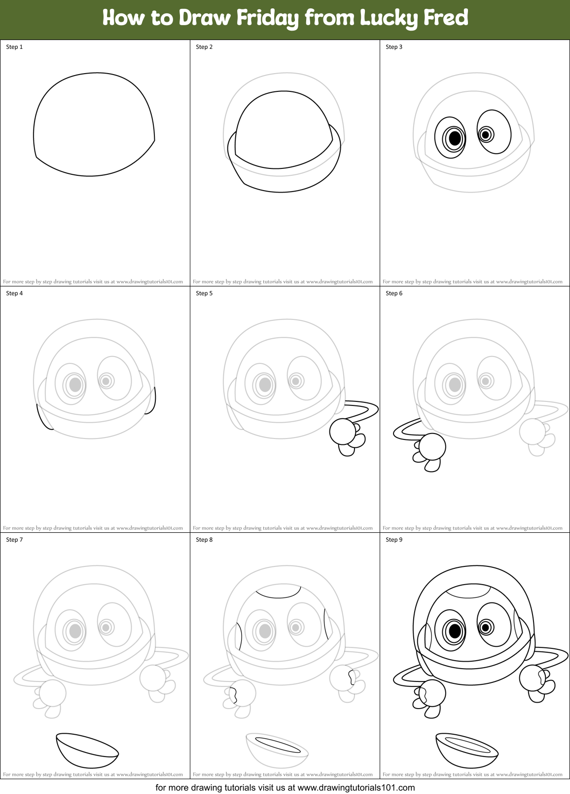 How to Draw Friday from Lucky Fred Printable Step by Step