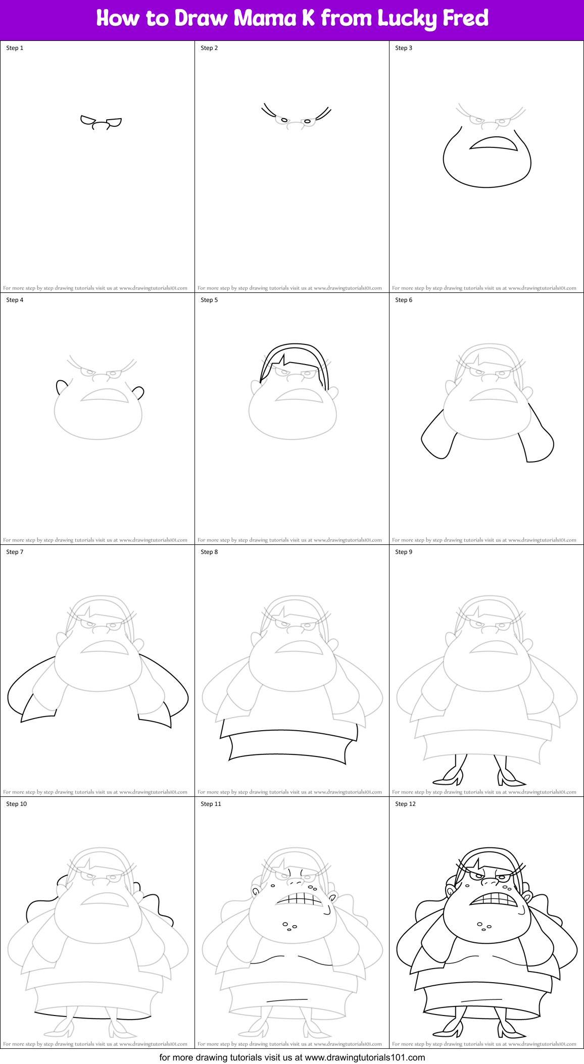 How to Draw Mama K from Lucky Fred Printable Step by Step