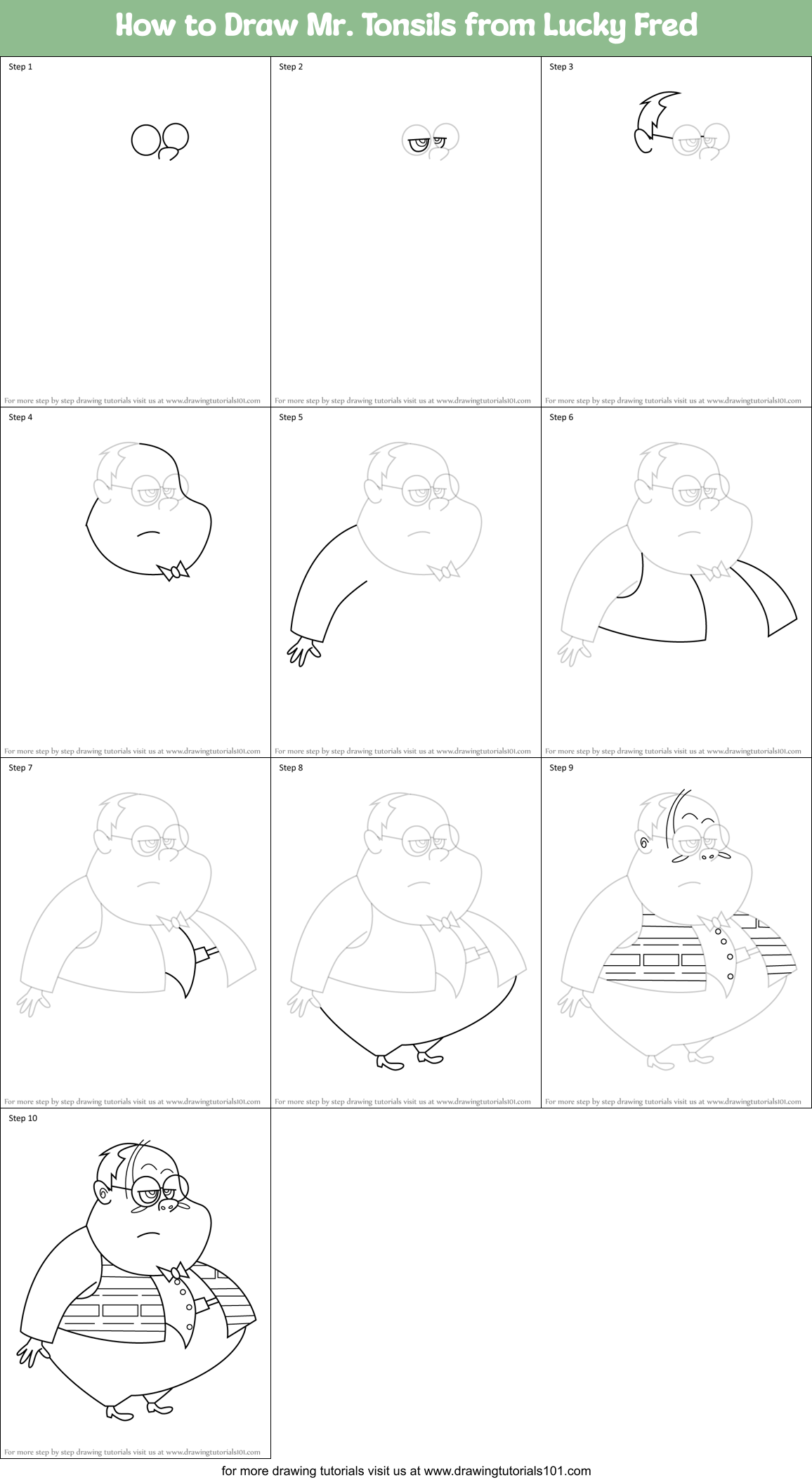 How to Draw Mr. Tonsils from Lucky Fred Printable Step by Step