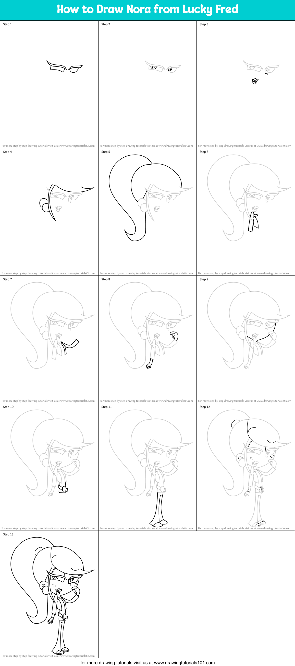 How to Draw Nora from Lucky Fred Printable Step by Step