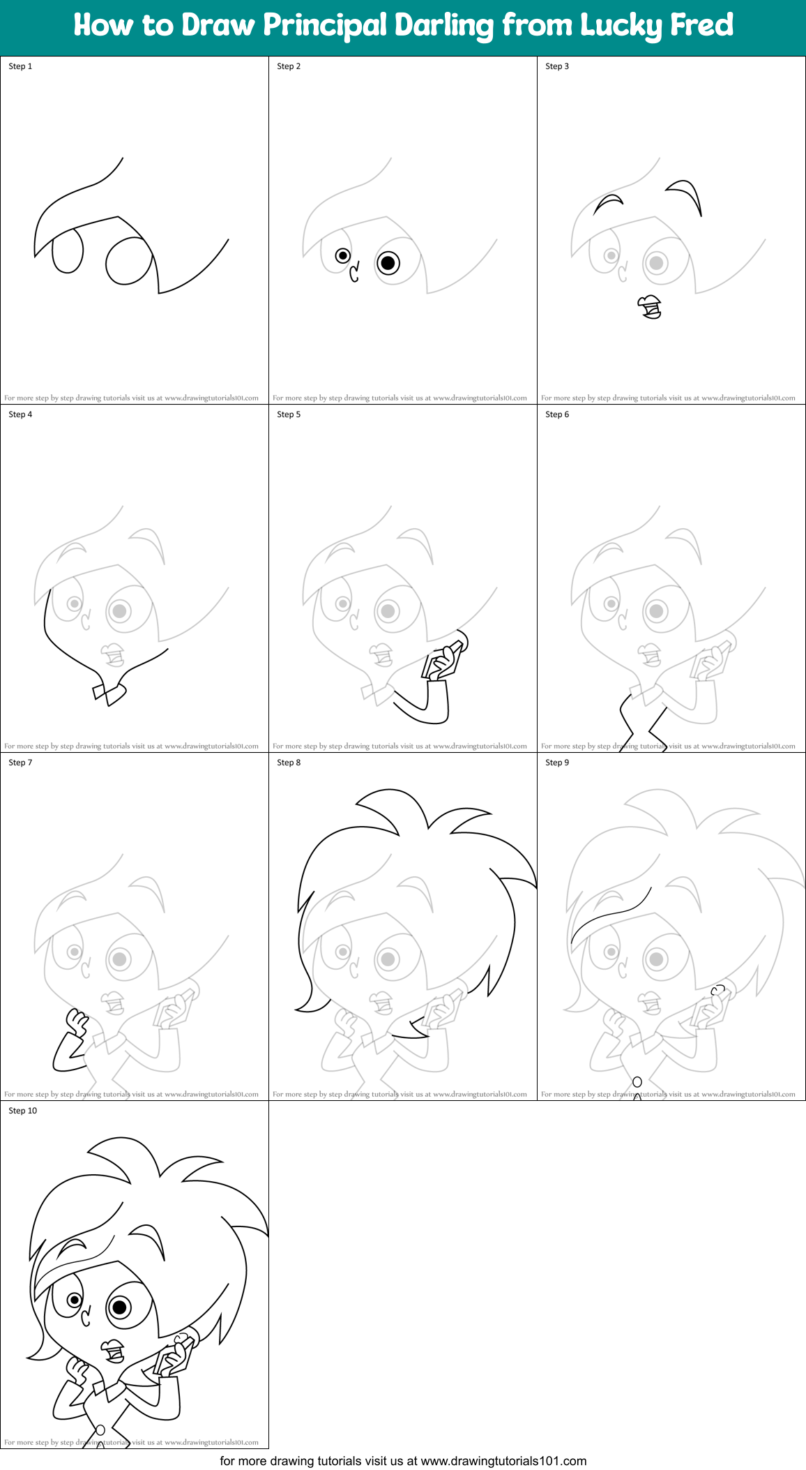 How to Draw Principal Darling from Lucky Fred Printable Step by Step