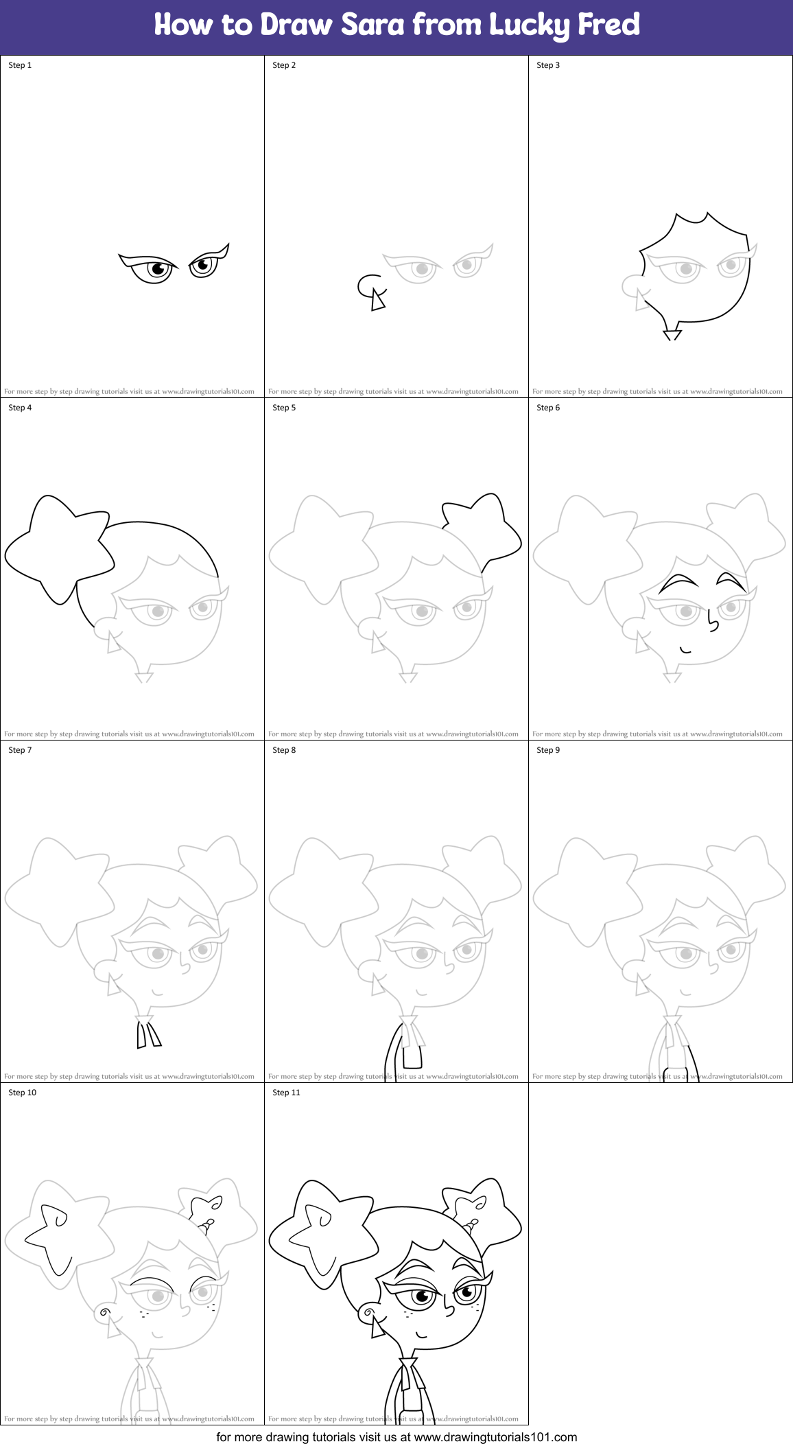 How to Draw Sara from Lucky Fred Printable Step by Step