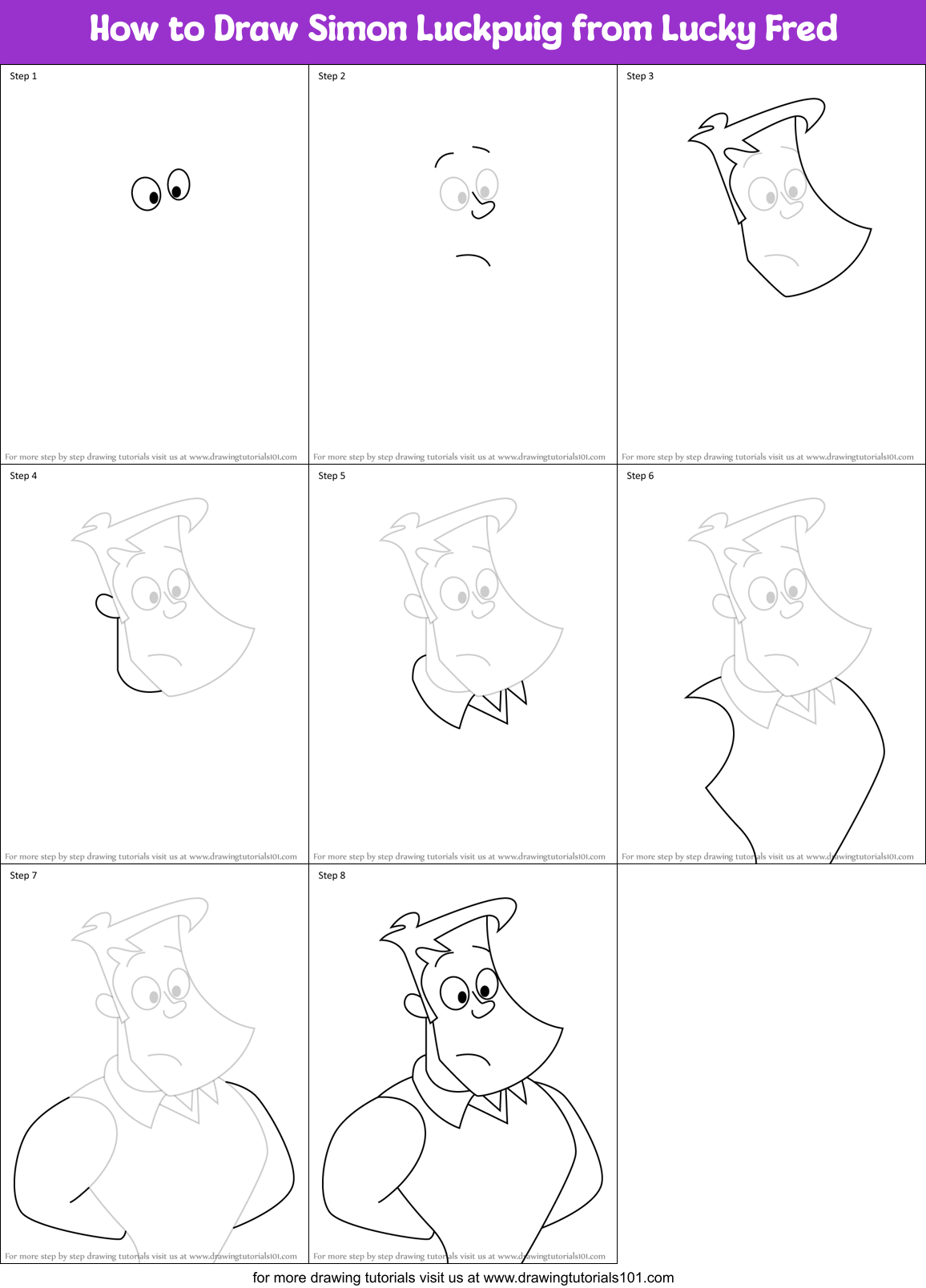 How to Draw Simon Luckpuig from Lucky Fred Printable Step by Step
