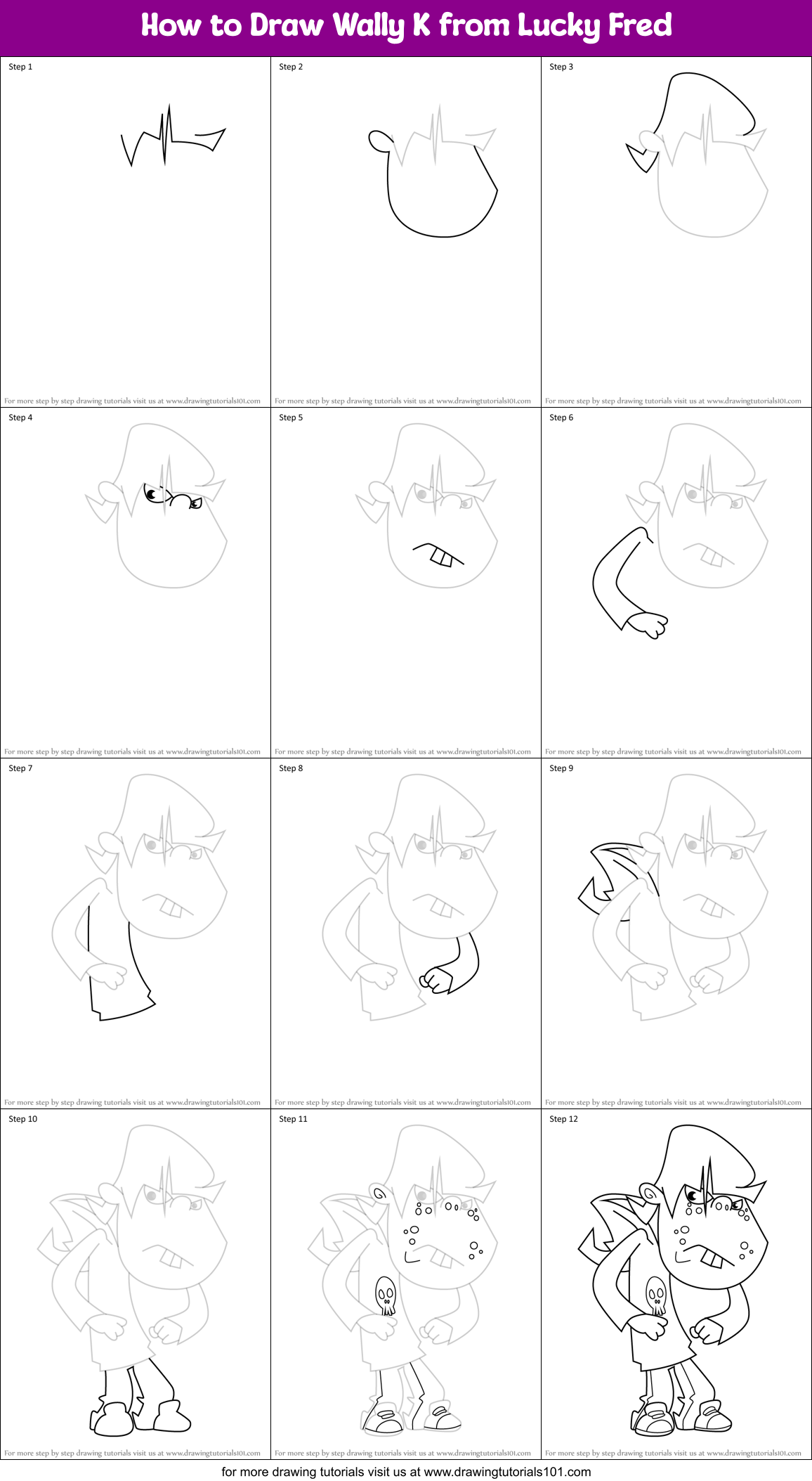 How to Draw Wally K from Lucky Fred Printable Step by Step